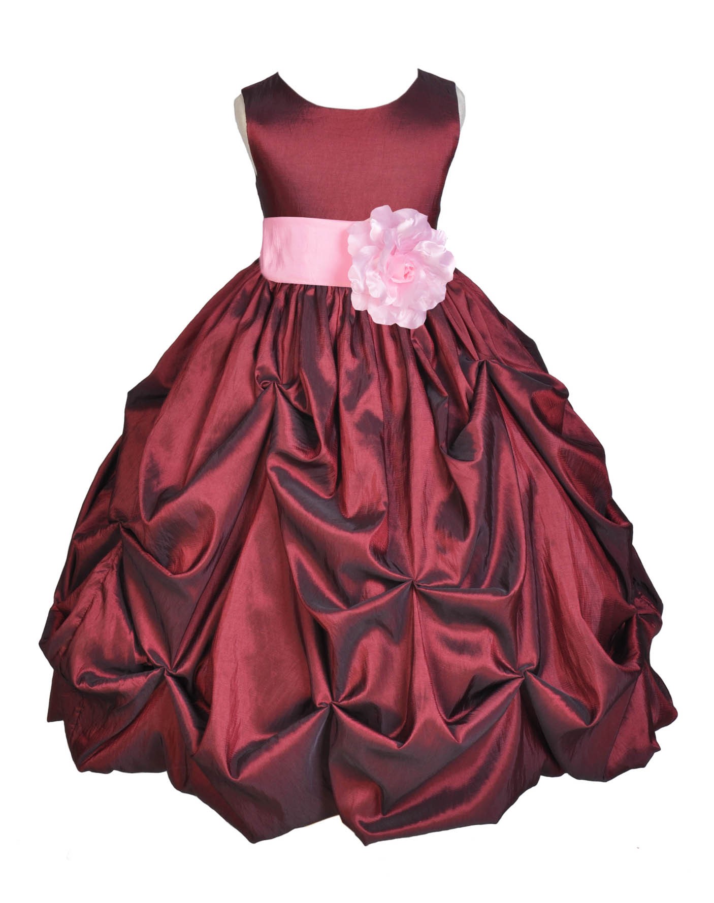 Burgundy/Pink Satin Taffeta Pick-Up Bubble Flower Girl Dress 301S