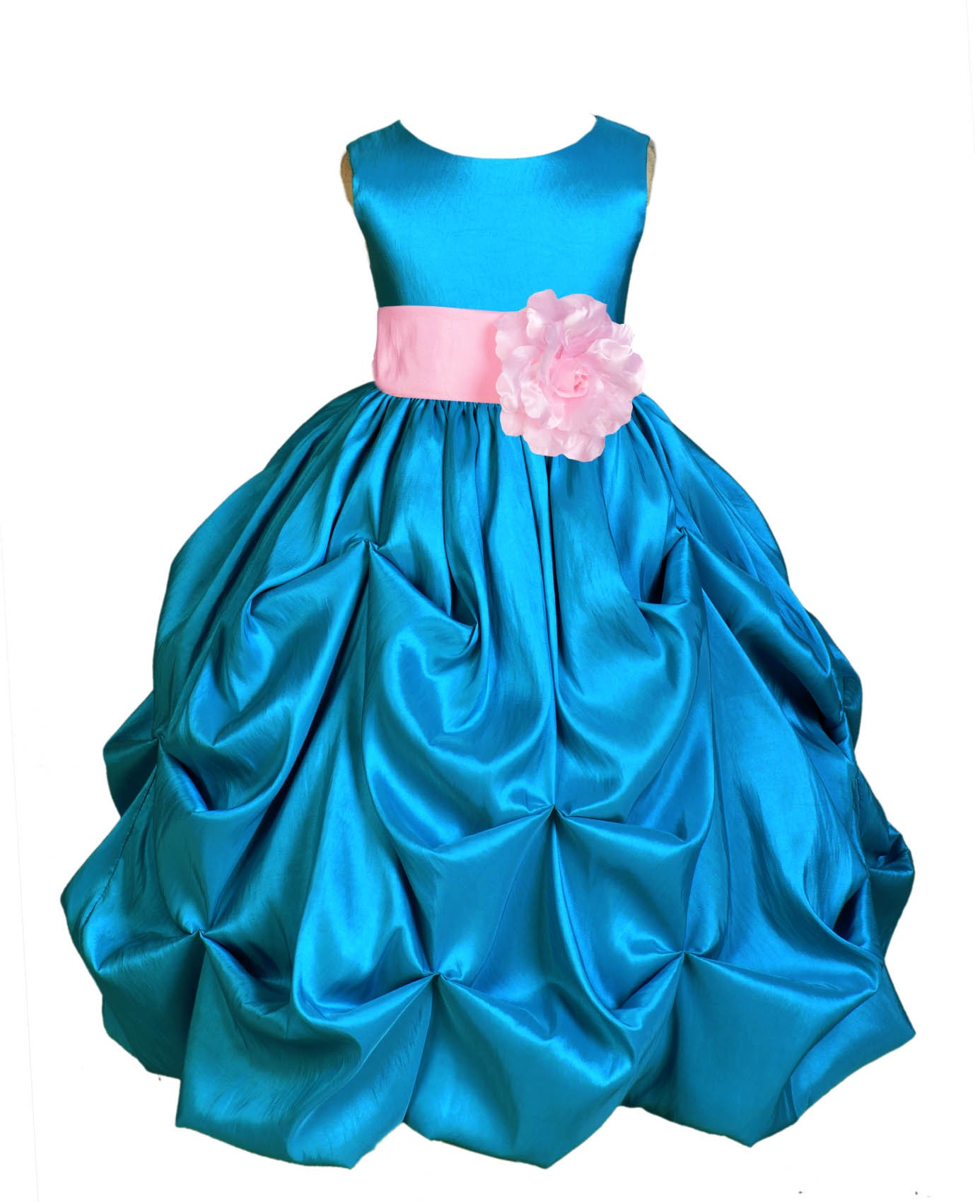 Turquoise/Pink Satin Taffeta Pick-Up Bubble Flower Girl Dress 301S