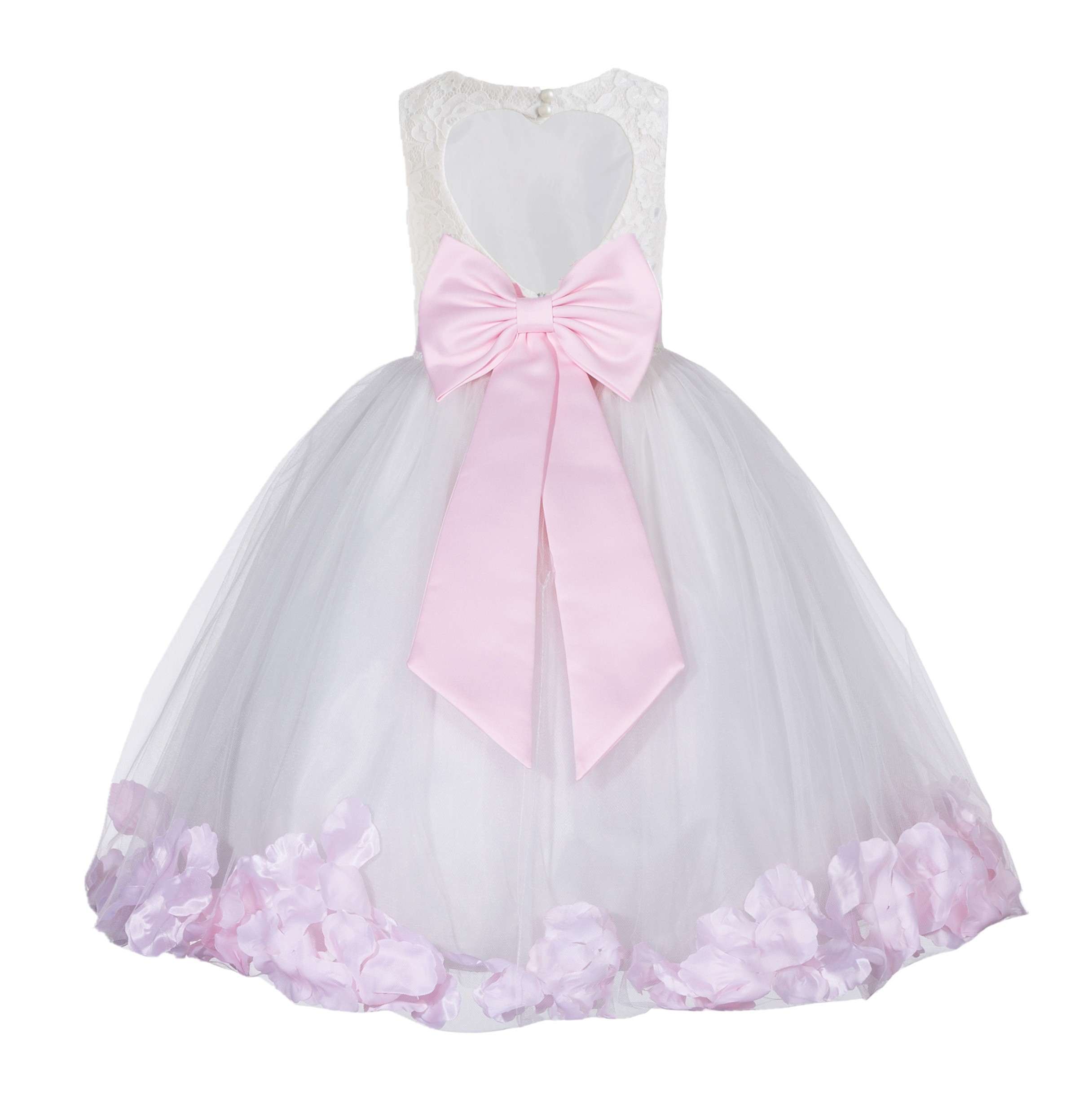 White / Pink Floral Lace Heart Cutout Flower Girl Dress with Petals ...