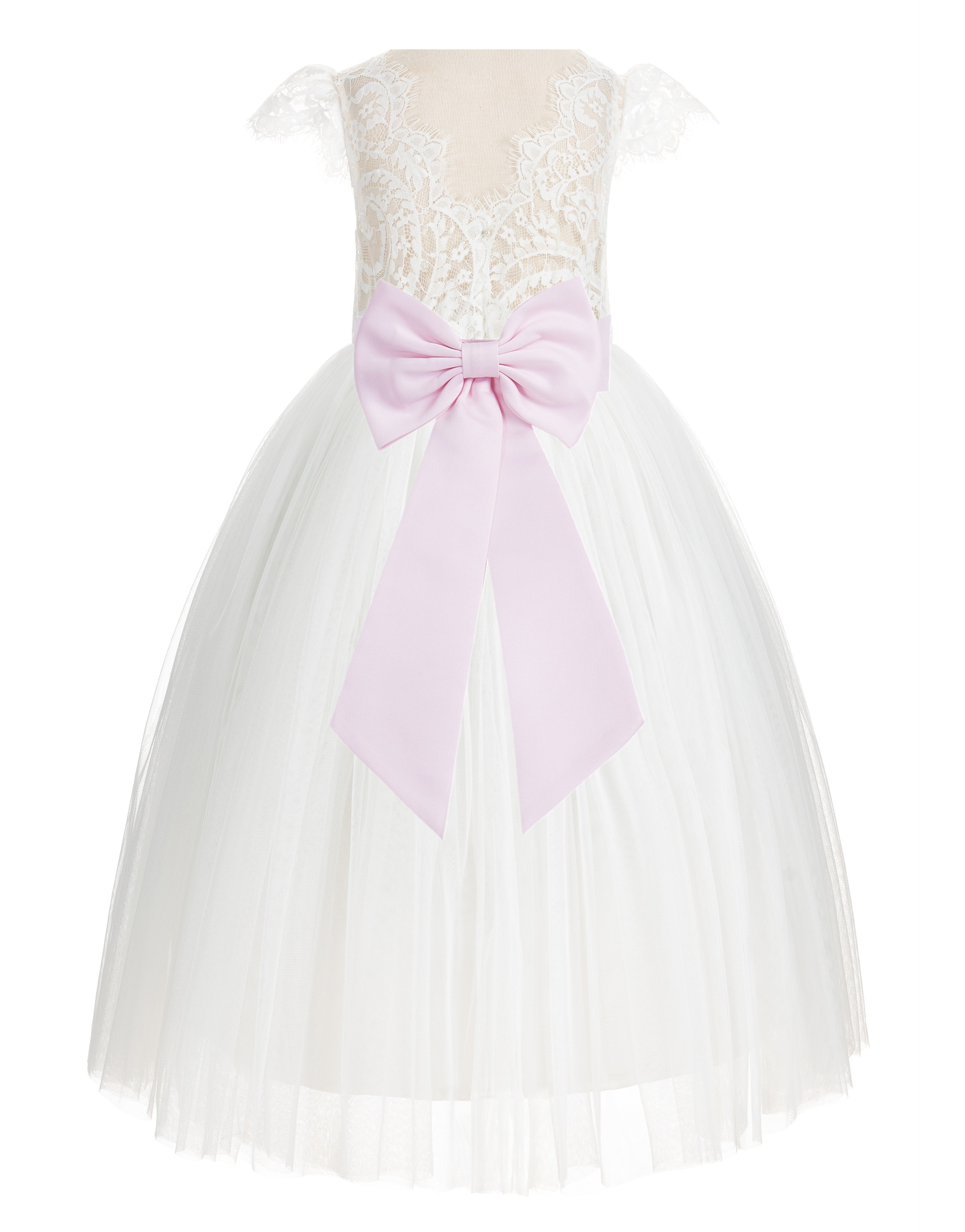Ivory / Pink Cap Sleeves Lace Flower Girl Dress V-Back Lace Dress 622T