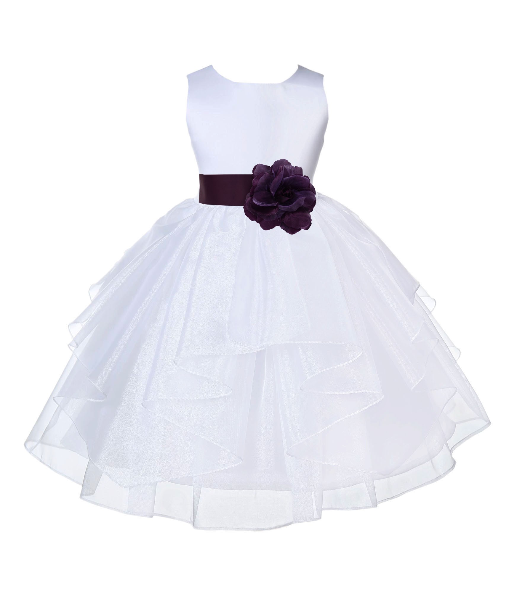 White/Plum Satin Shimmering Organza Flower Girl Dress Wedding 4613T