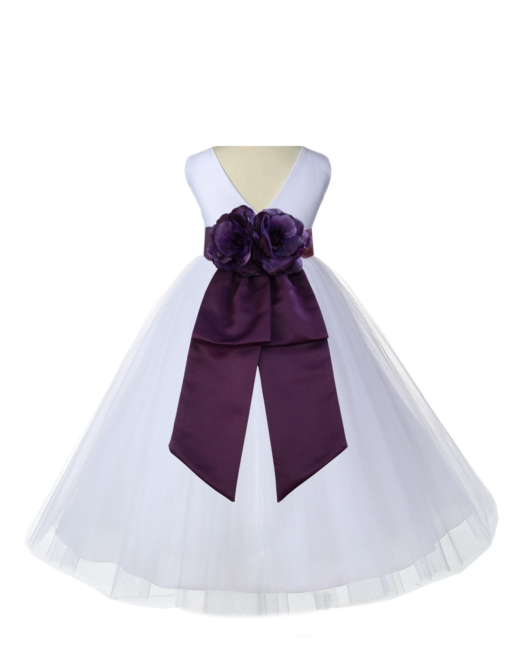 V-Neck Tulle White/Plum Flower Girl Dress Wedding Pageant 108