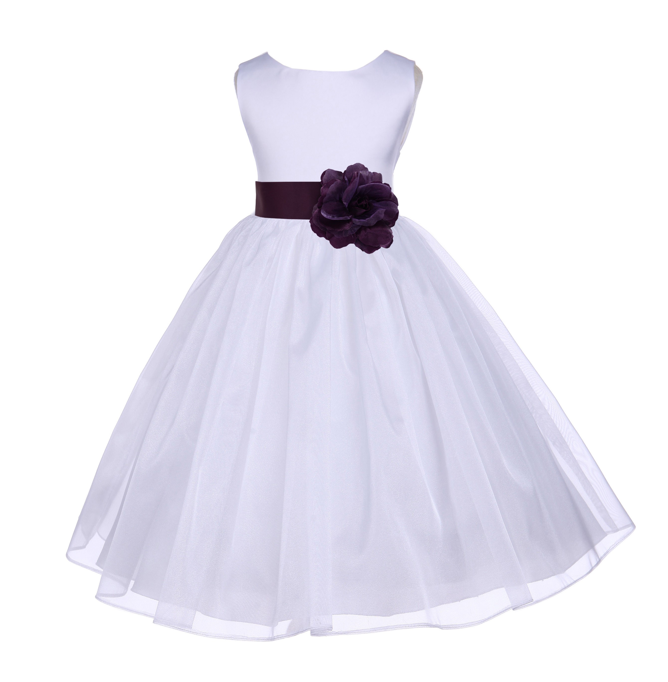 White/Plum Satin Bodice Organza Skirt Flower Girl Dress 841T