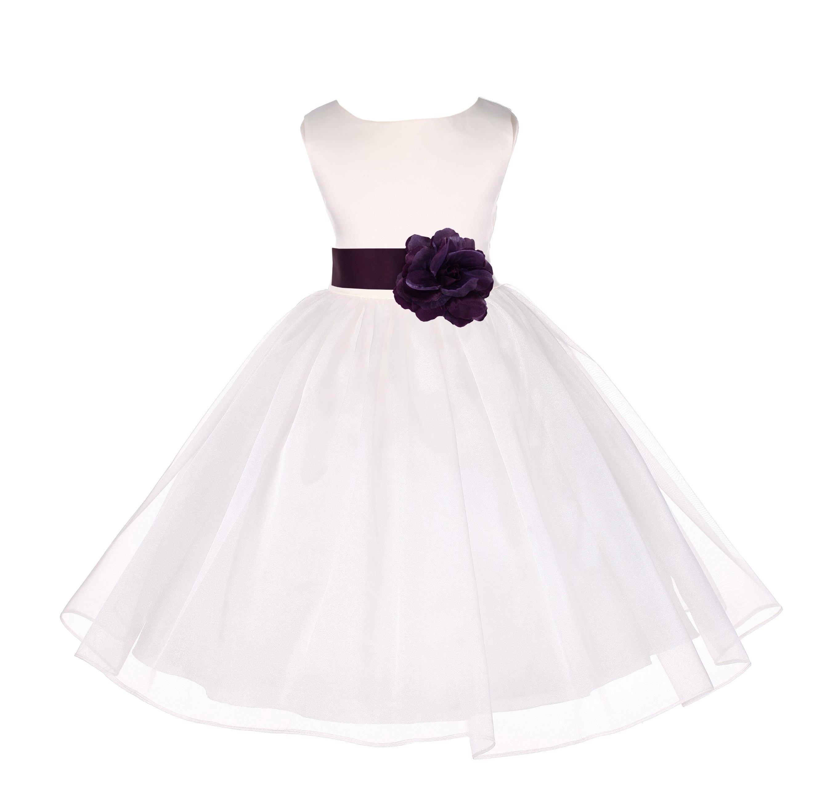 Ivory/Plum Satin Bodice Organza Skirt Flower Girl Dress 841T