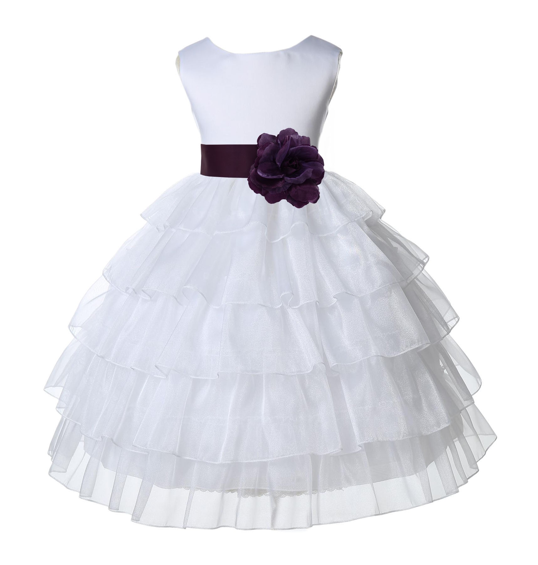 White/Plum Satin Shimmering Organza Flower Girl Dress Wedding 308S