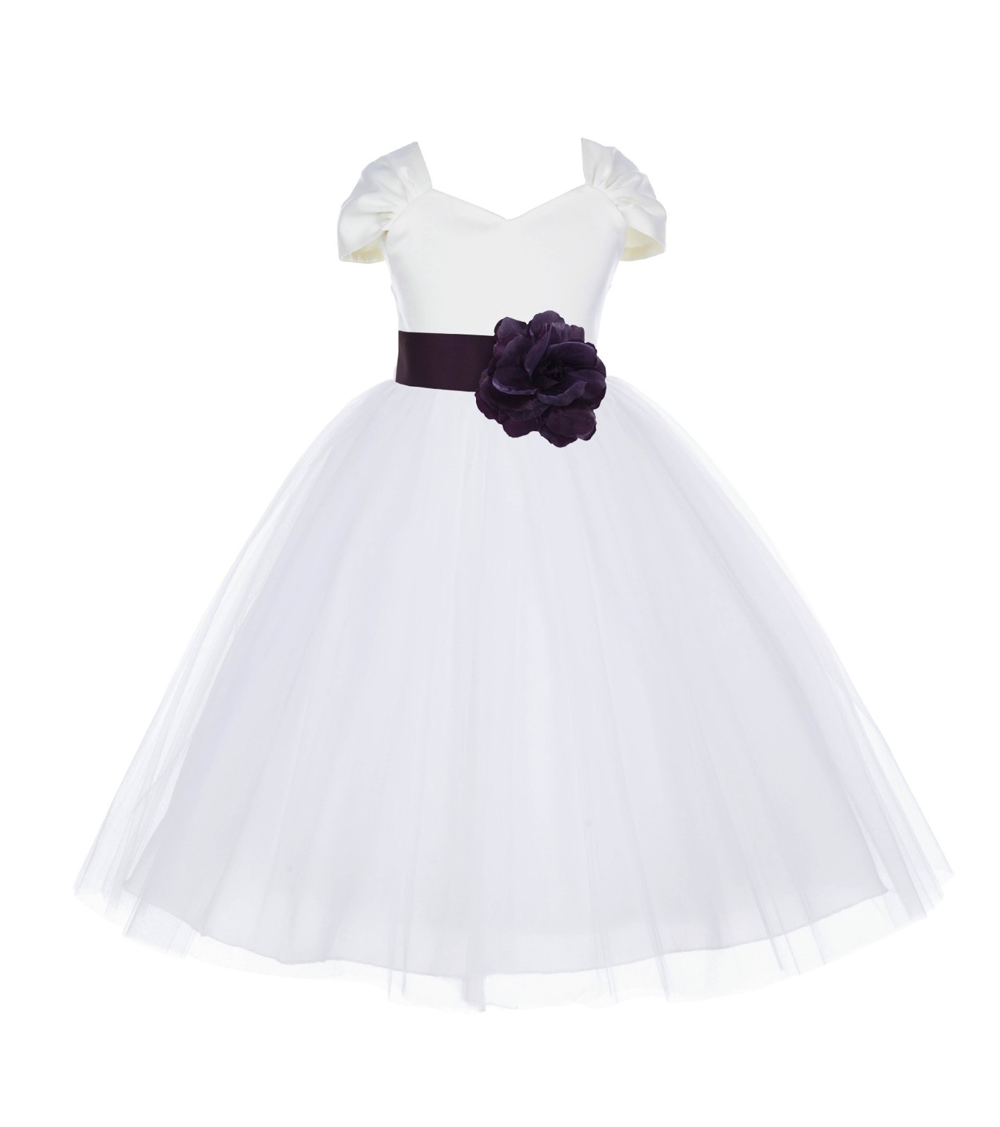 Ivory/Plum V-shaped Neckline Short Sleeves Tulle Flower Girl Dress 154S