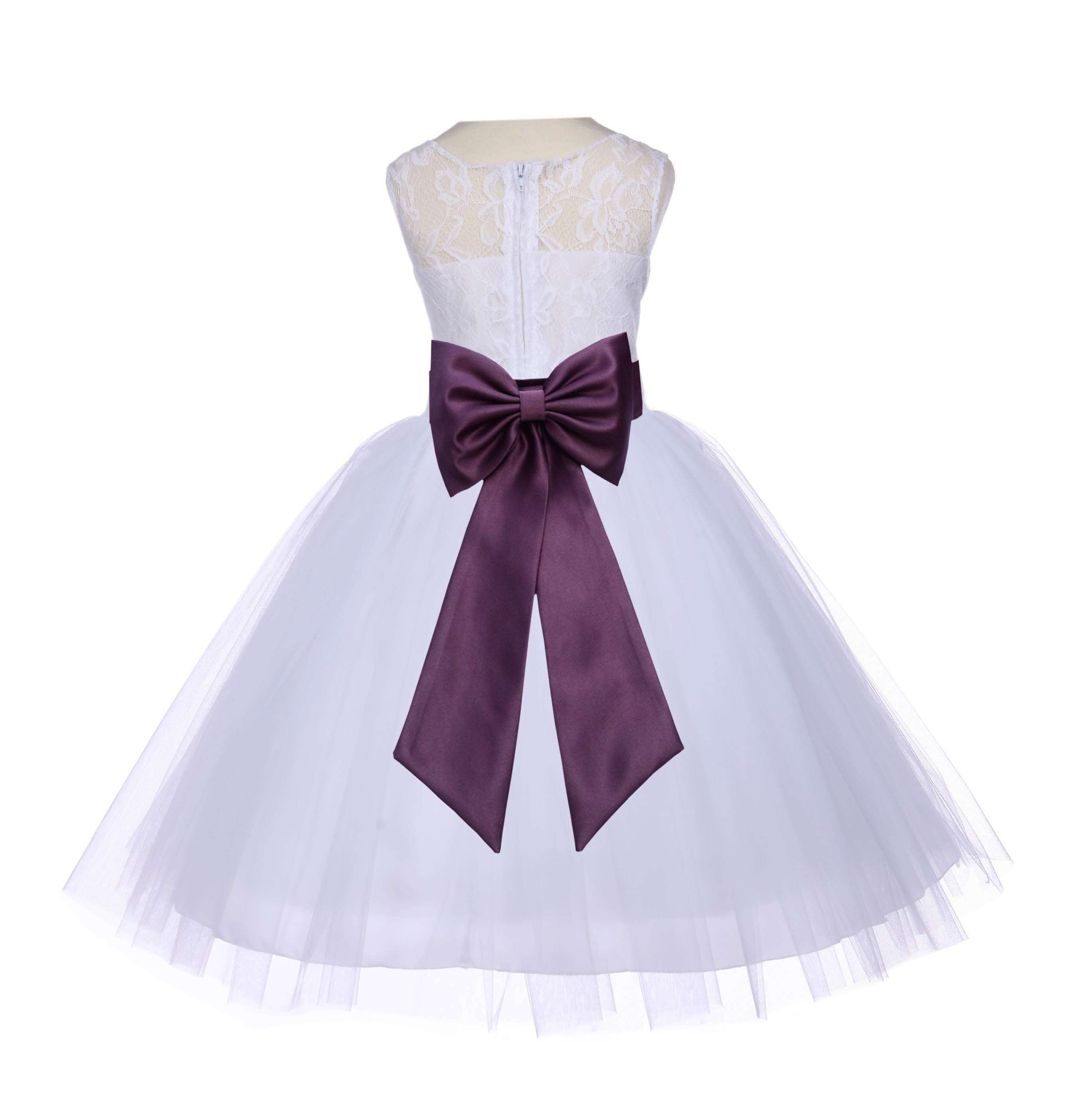 White/Plum Floral Lace Bodice Tulle Flower Girl Dress Wedding 153T