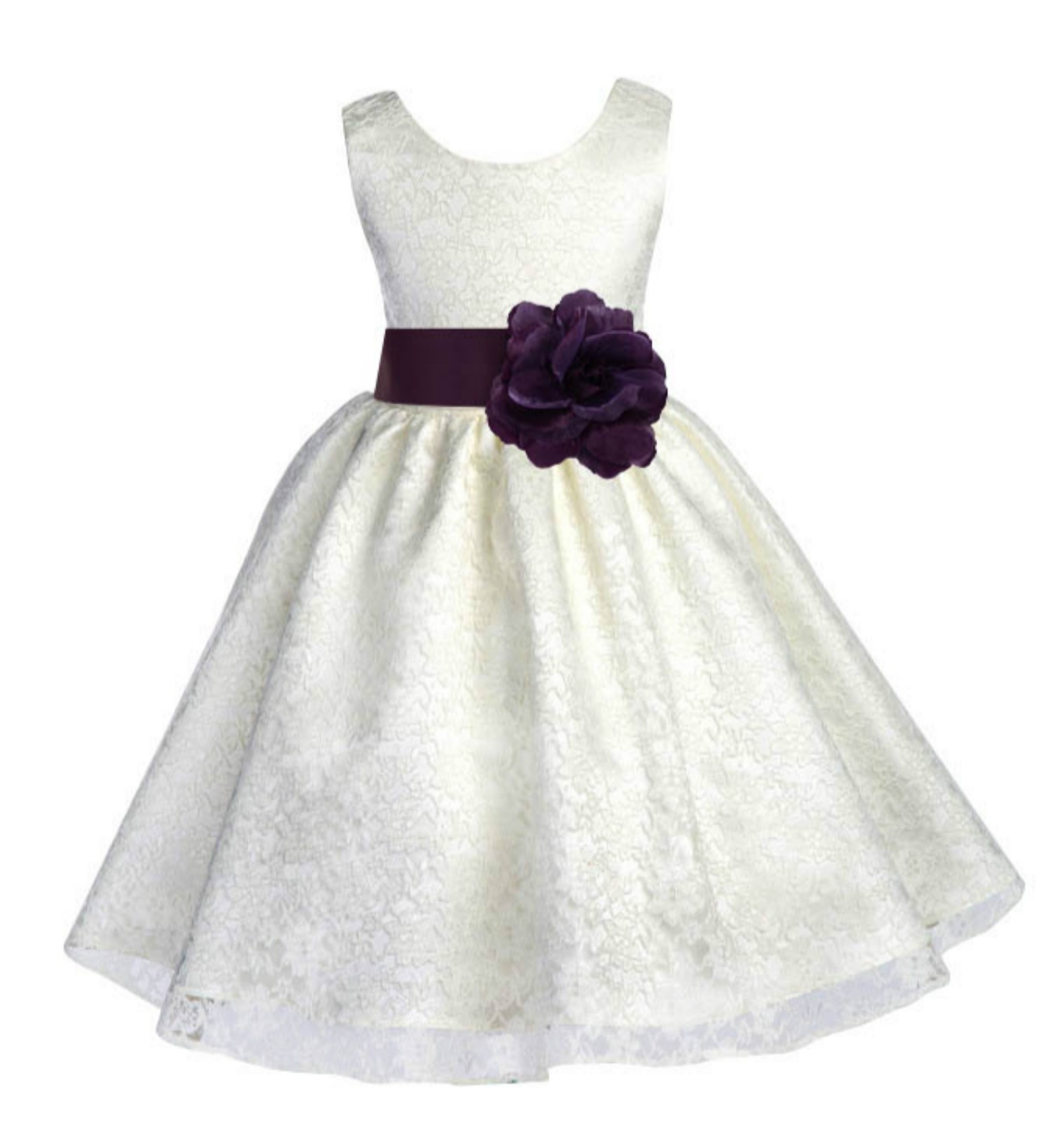 Ivory/Plum Floral Lace Overlay Flower Girl Dress Special Event 163S
