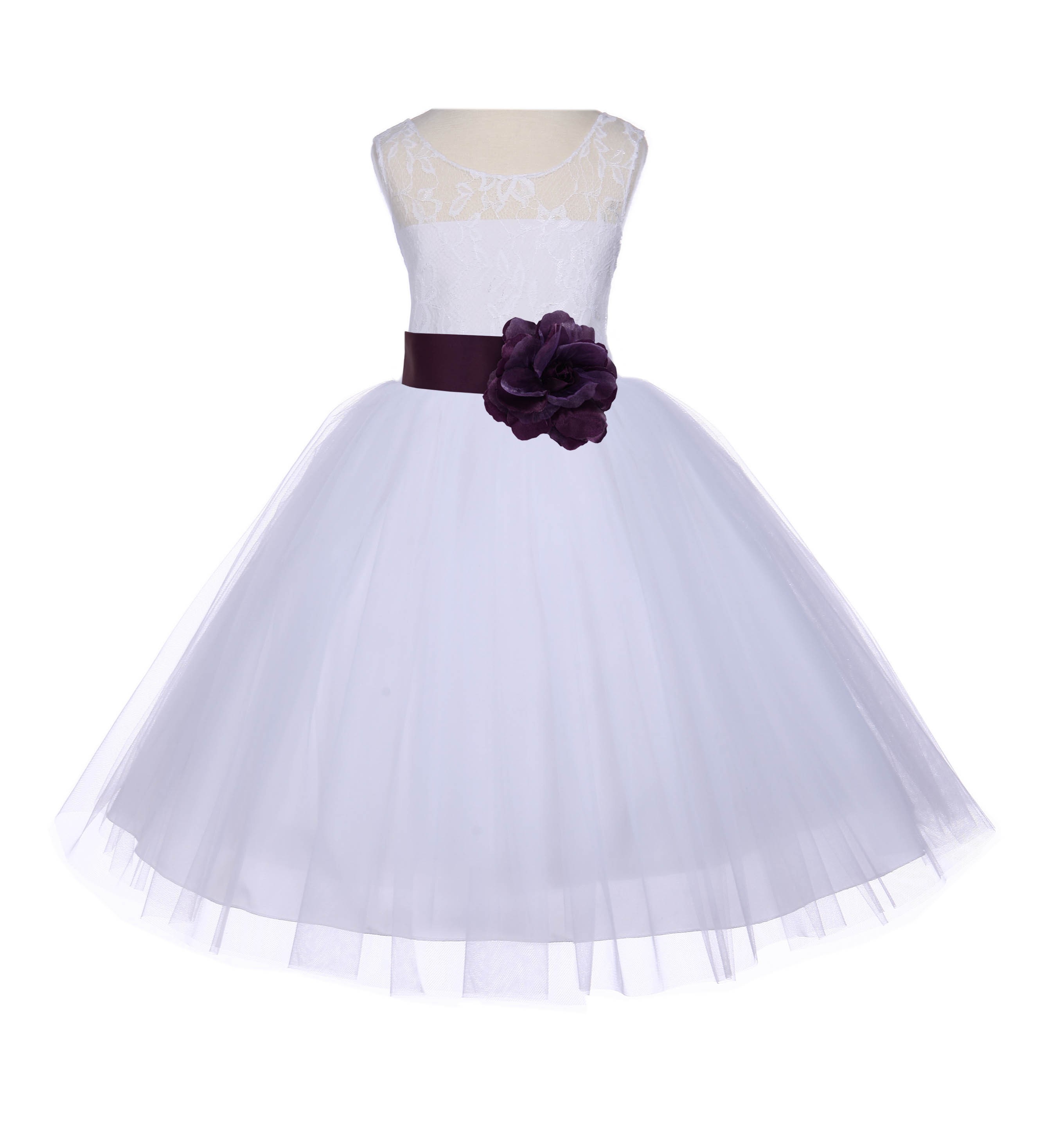 White/Plum Floral Lace Bodice Tulle Flower Girl Dress Wedding 153S