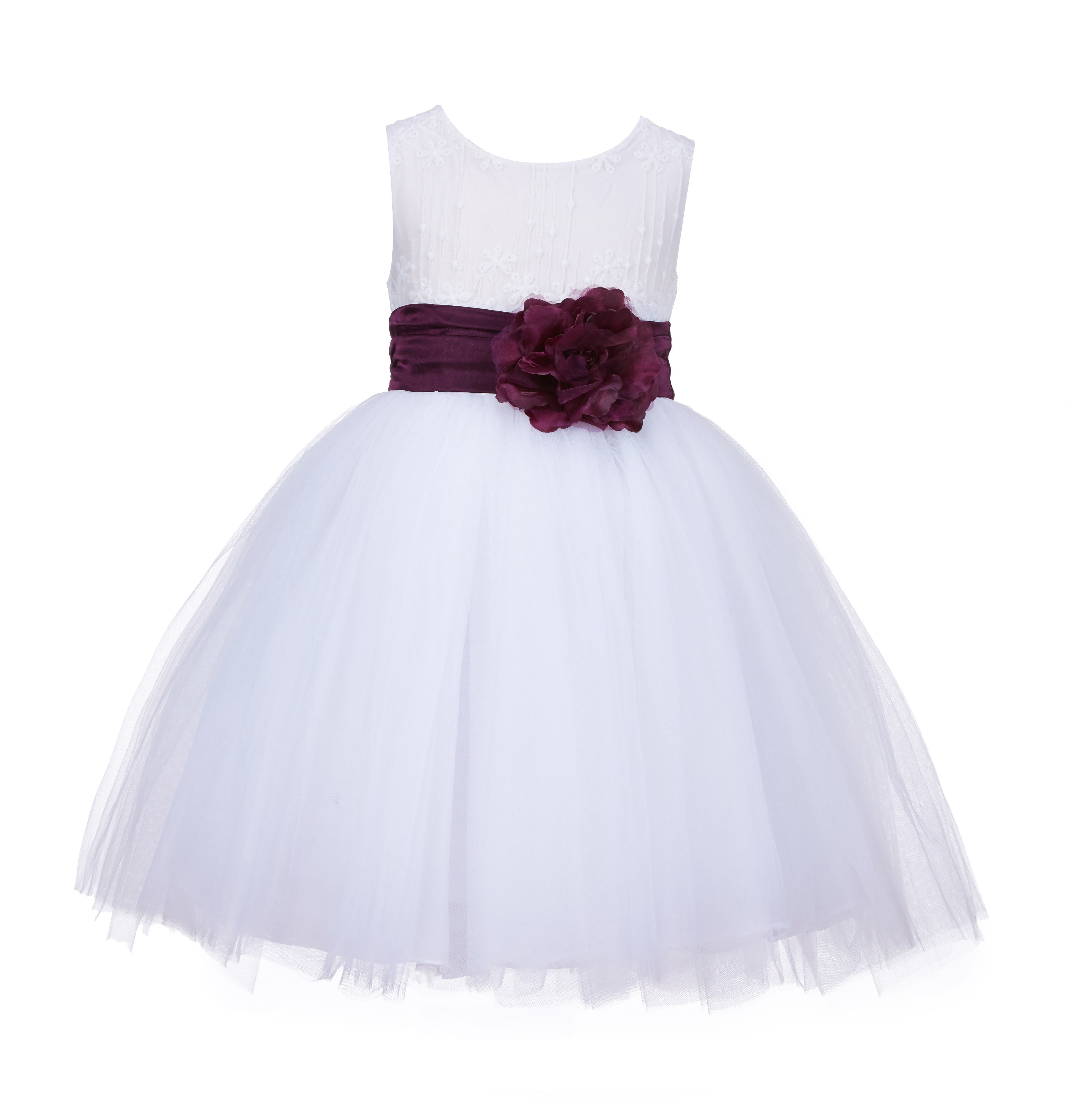 White/Plum Lace Embroidery Tulle Flower Girl Dress Wedding 118