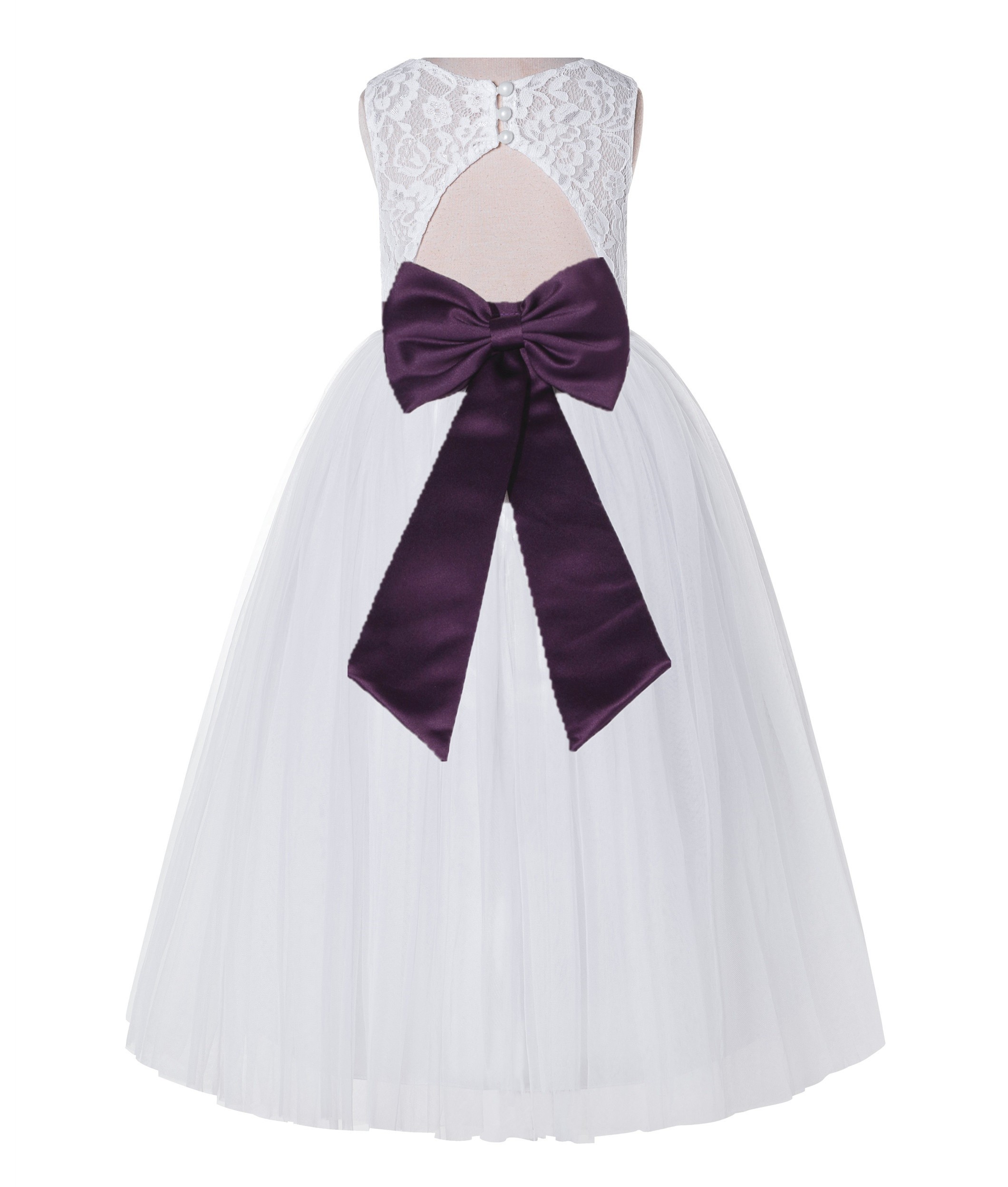 White / Plum Lace Tulle Scoop Neck Keyhole Back A-Line Flower Girl Dress 178