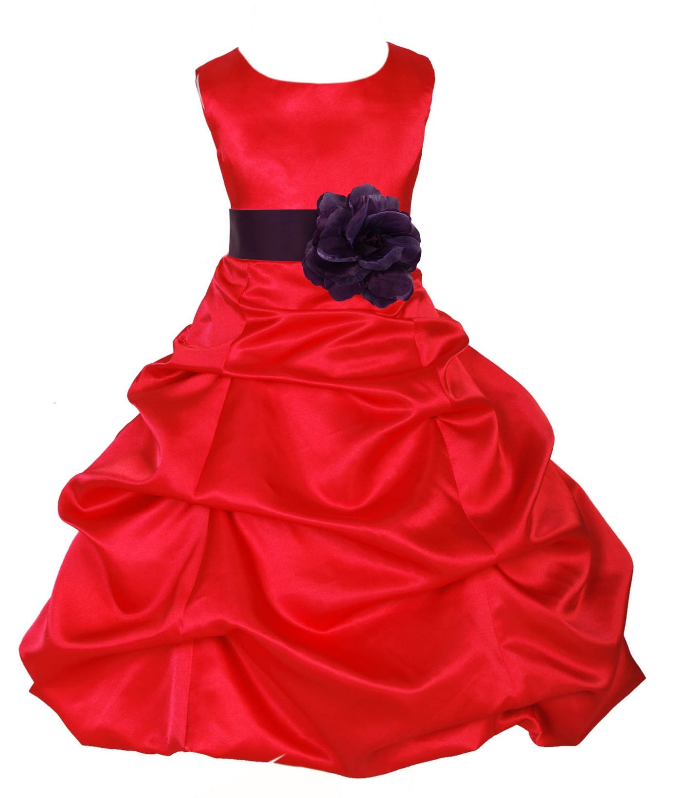 Red/Plum Satin Pick-Up Bubble Flower Girl Dress Christmas 808T