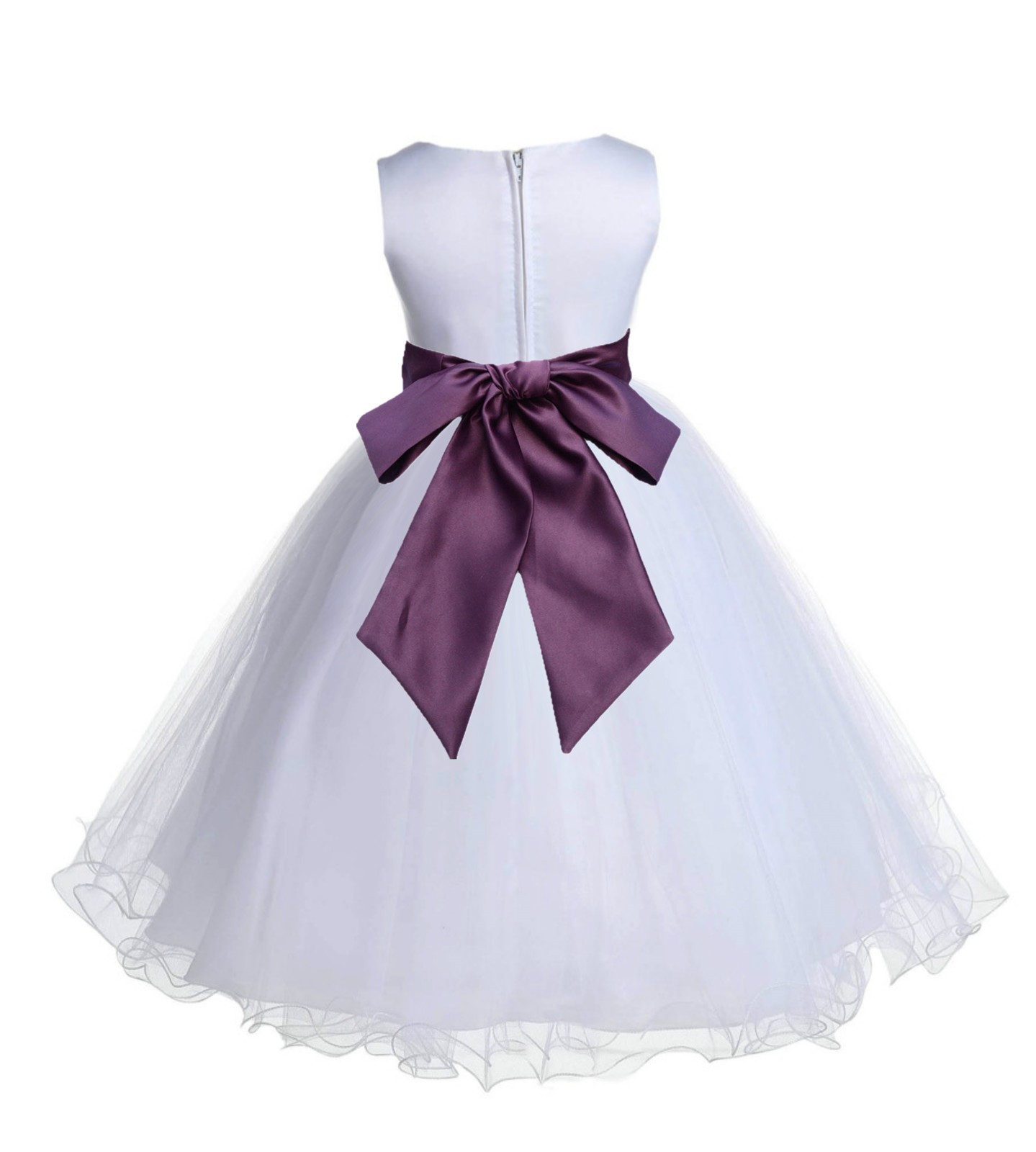 White/Plum Tulle Rattail Edge Flower Girl Dress Wedding Bridal 829S