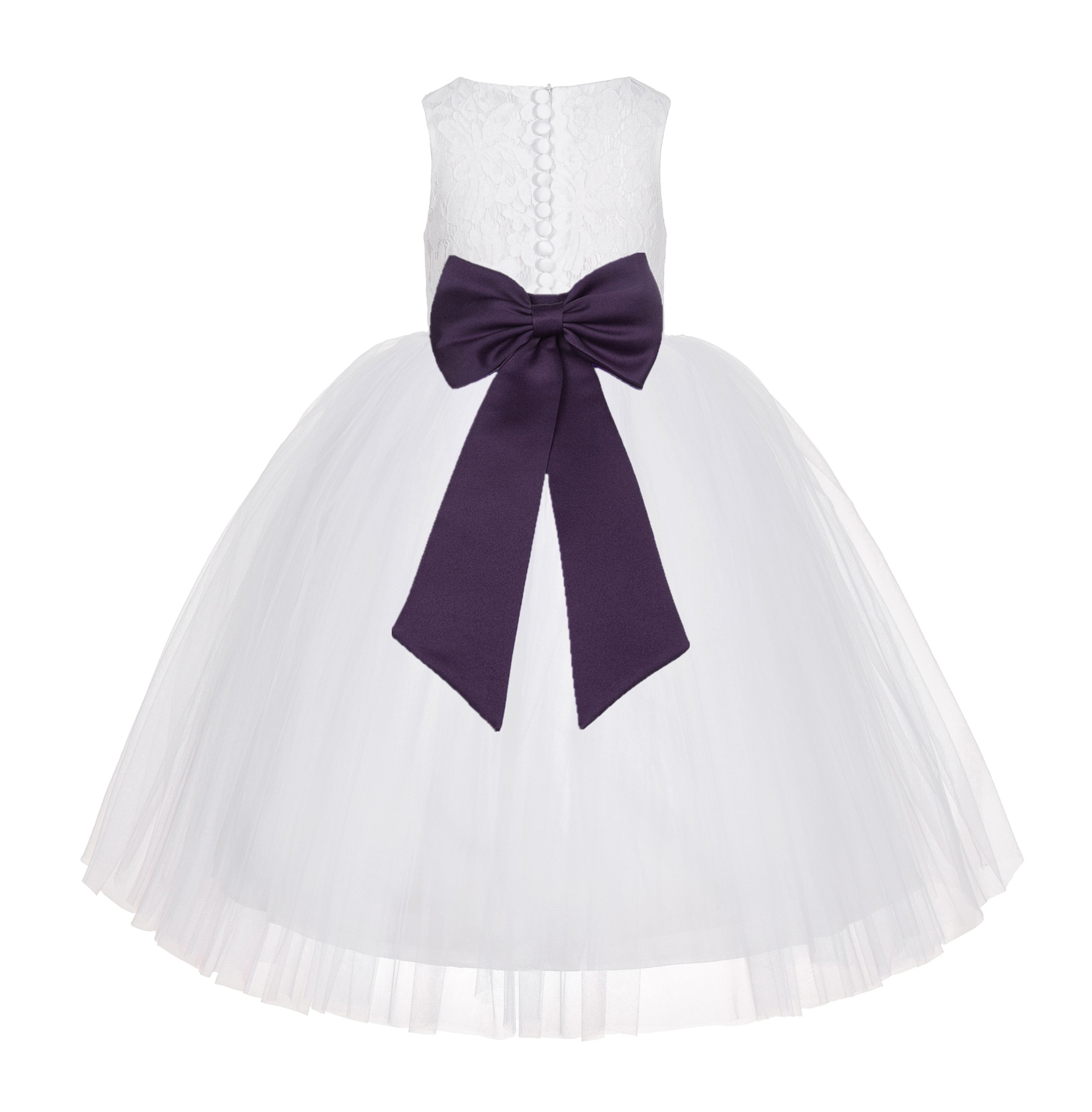 White / Plum Floral Lace Flower Girl Dress White Ball Gown Lg7