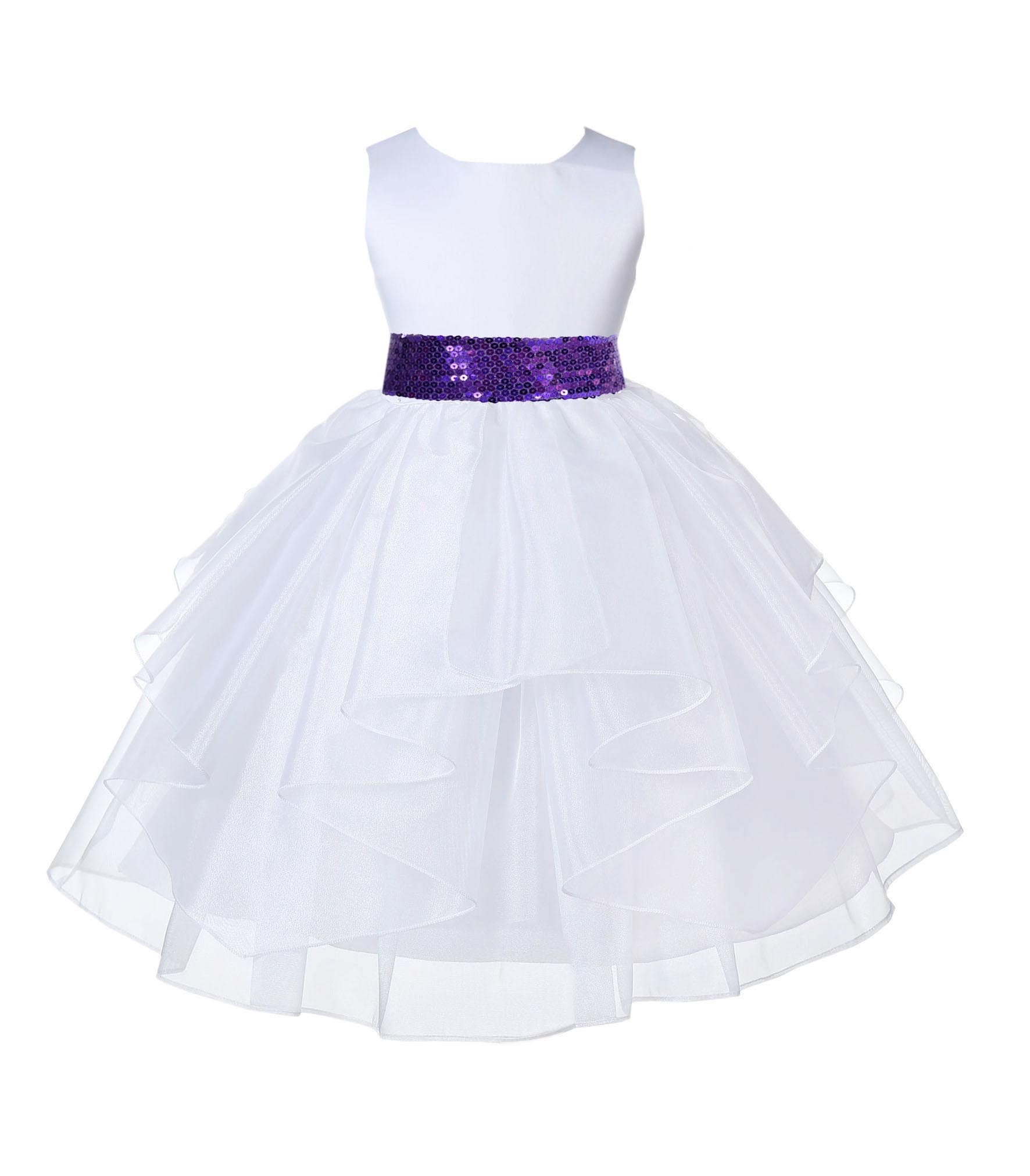 White Shimmering Organza Purple Sequin Sash Flower Girl Dress 4613mh