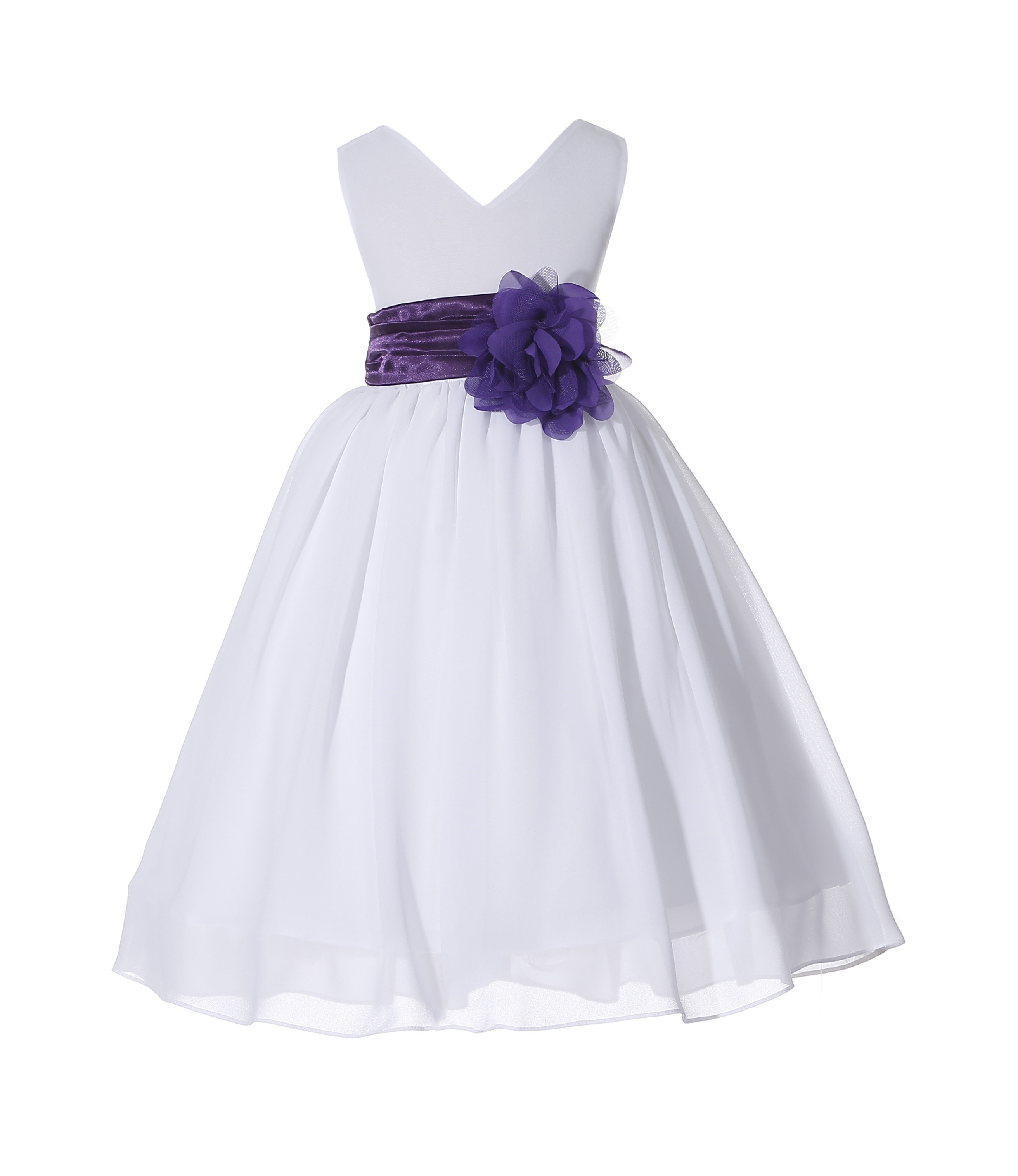 White/Purple V-Neck Yoryu Chiffon Flower Girl Dress Wedding 503NF