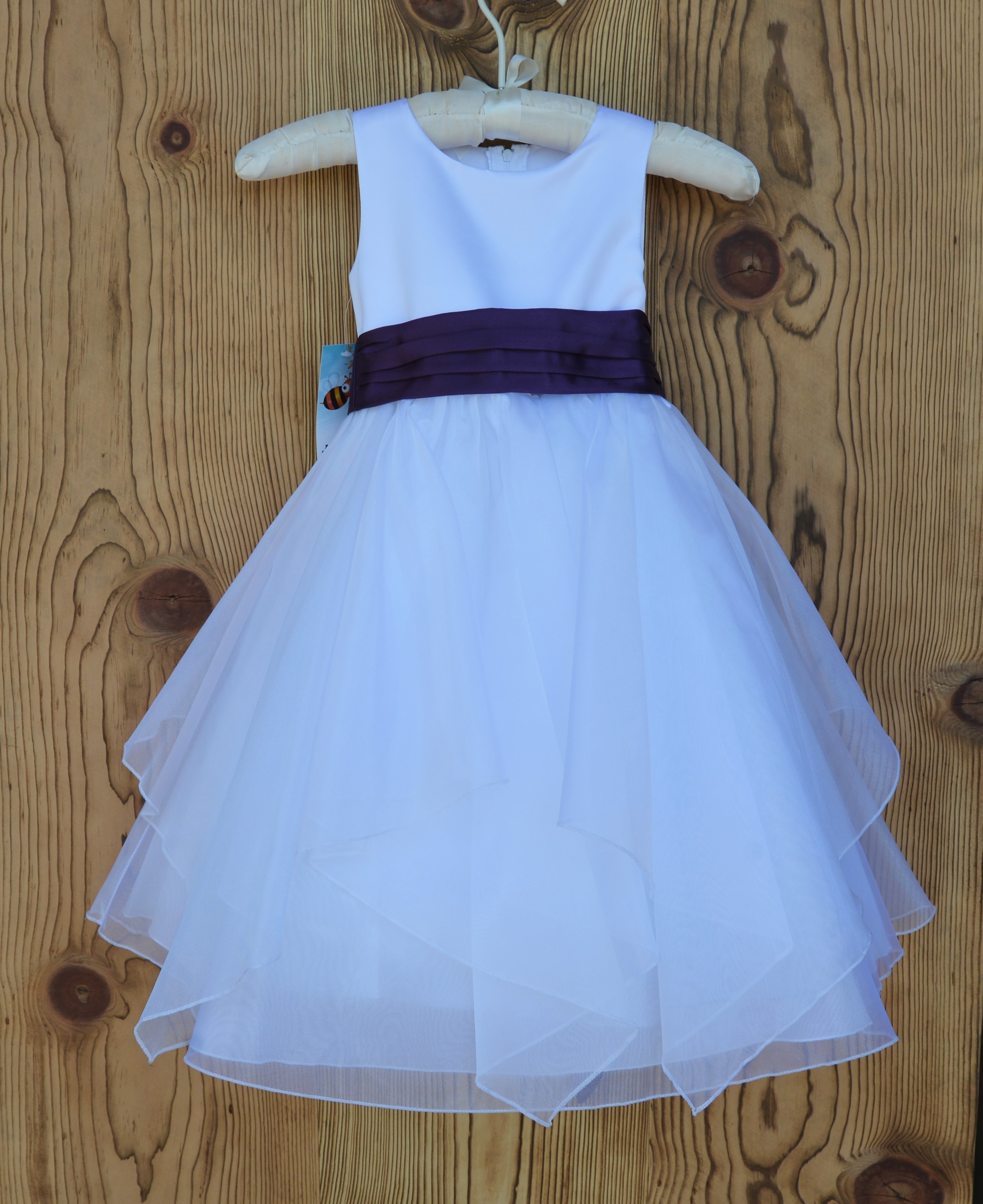 White/Purple Satin Bodice Shimmering Organza Flower Girl Dress J012