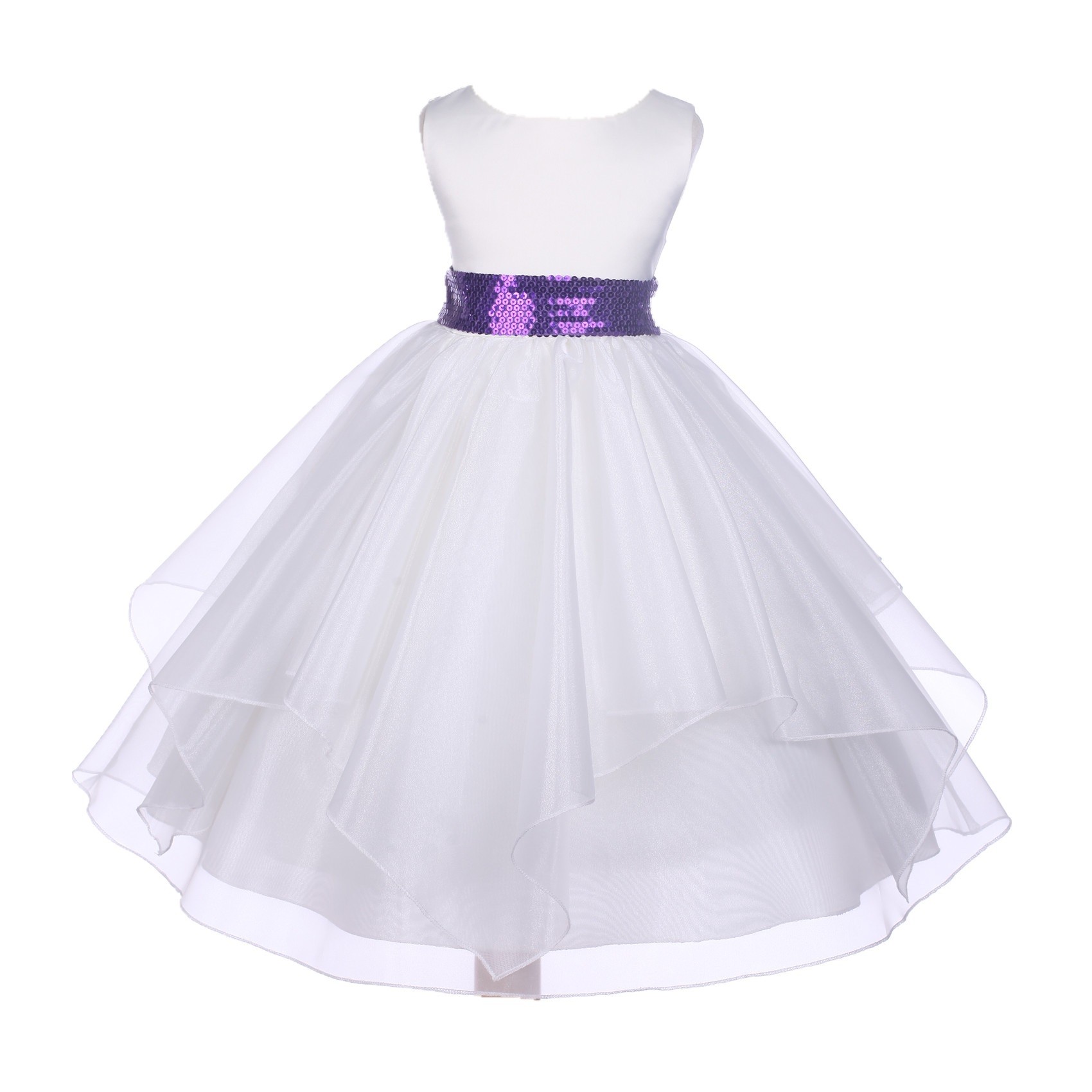 White Satin Organza Purple Sequin Sash Flower Girl Dress J012mh