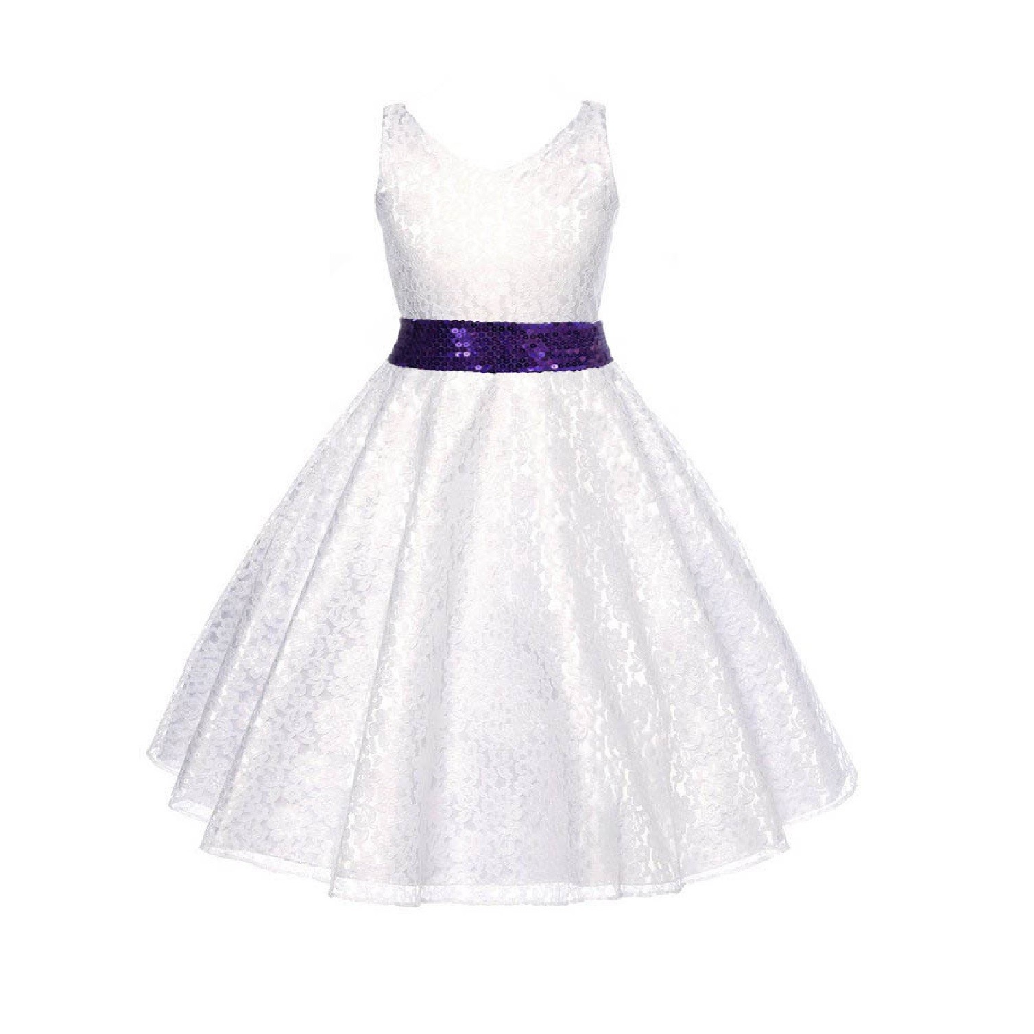 White Floral Lace Overlay V-Neck Purple Sequin Flower Girl Dress 166mh