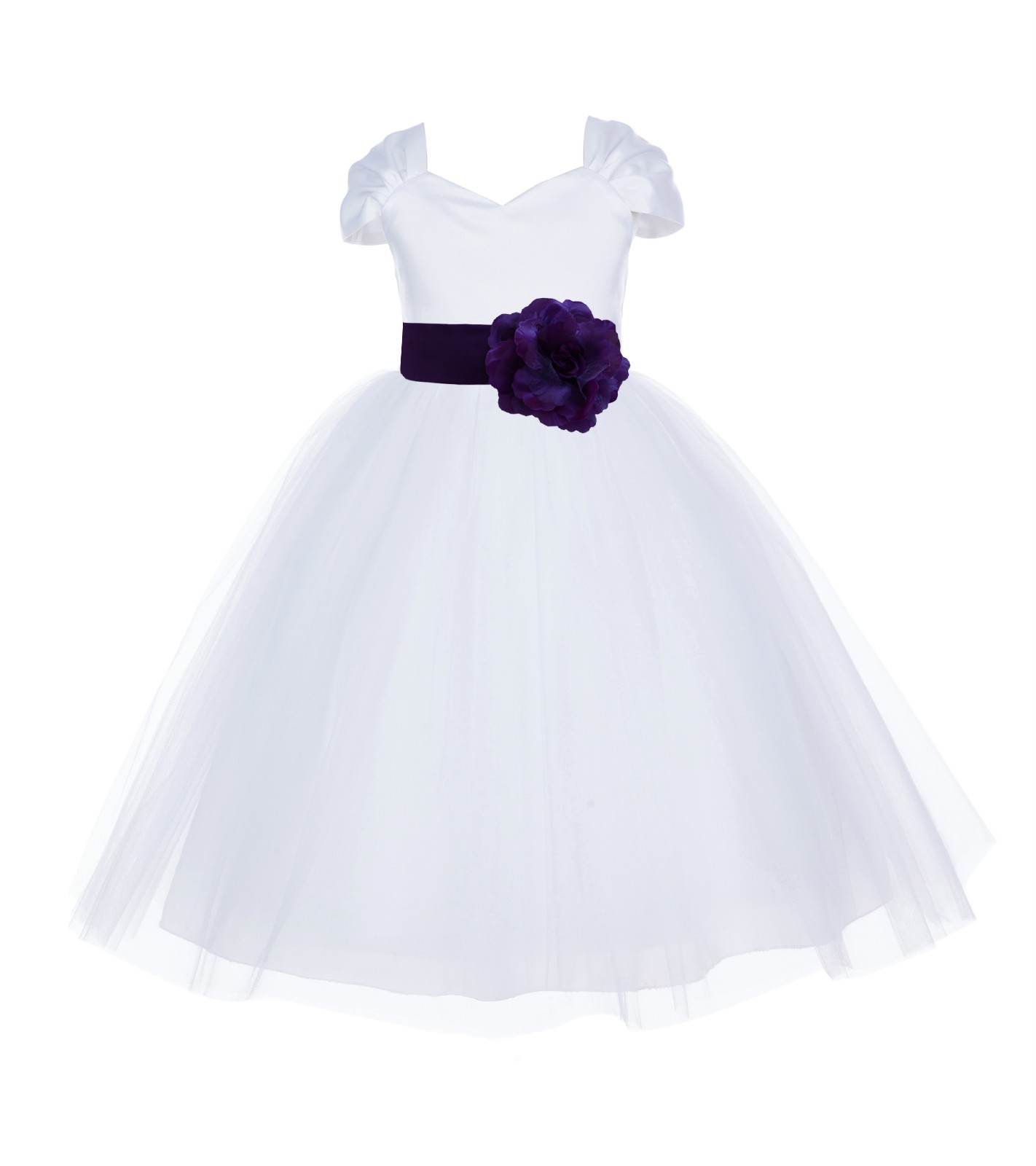 White/Purple V-shaped Neckline Short Sleeves Tulle Flower Girl Dress 154S