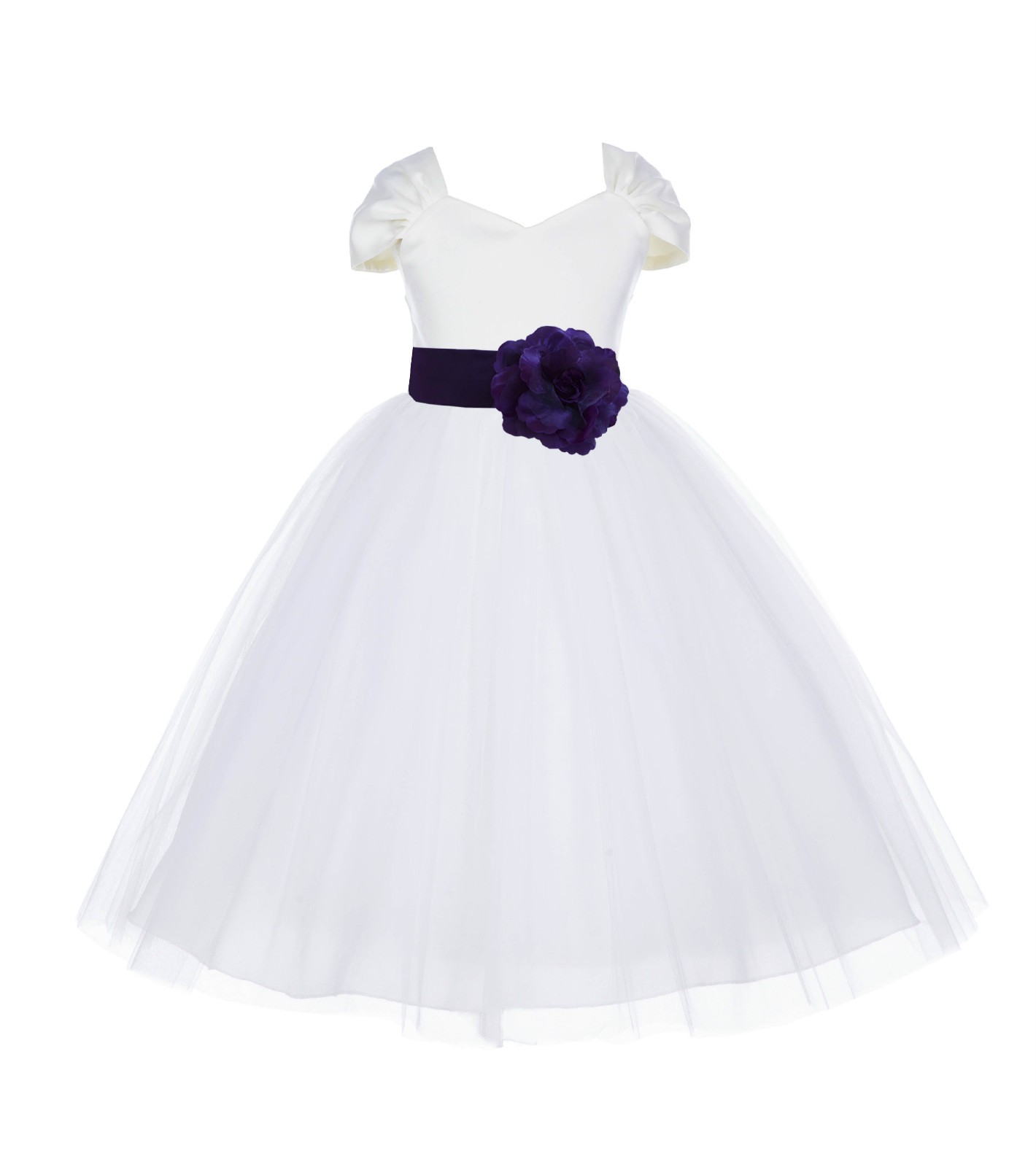 Ivory/Purple V-shaped Neckline Short Sleeves Tulle Flower Girl Dress 154S