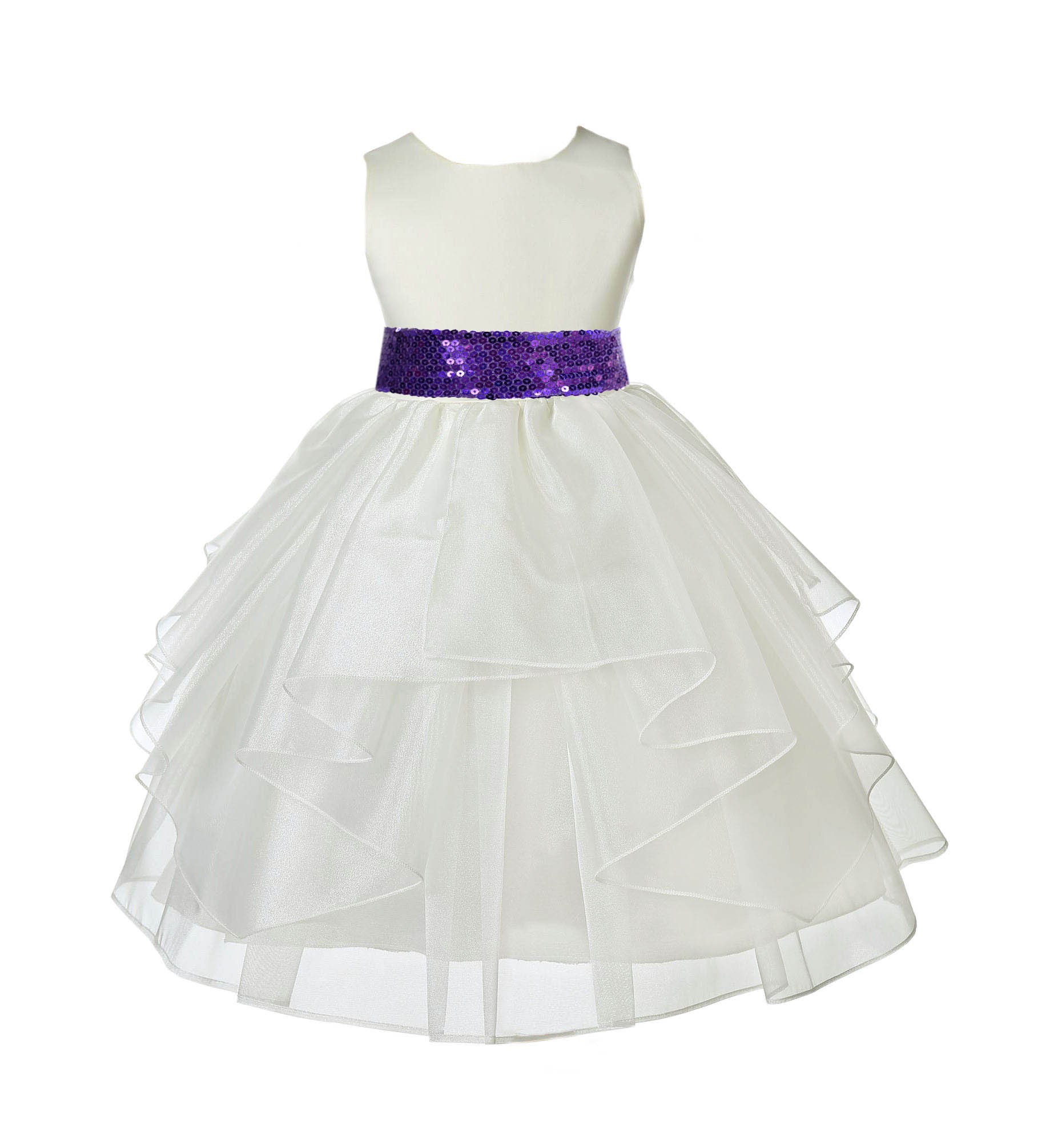 Ivory Shimmering Organza Purple Sequin Sash Flower Girl Dress 4613mh
