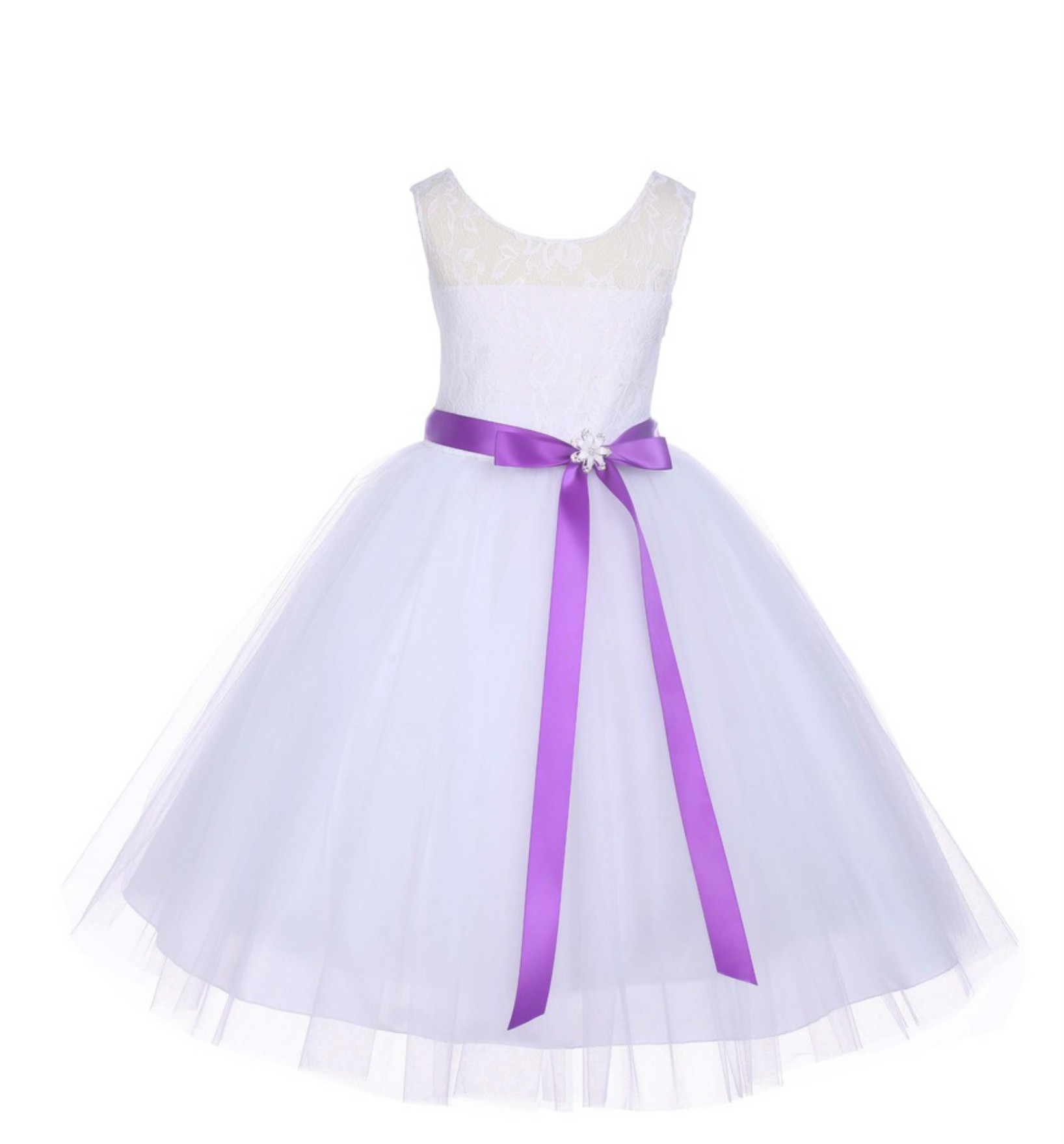 White Floral Lace Bodice Tulle Purple Ribbon Flower Girl Dress 153R