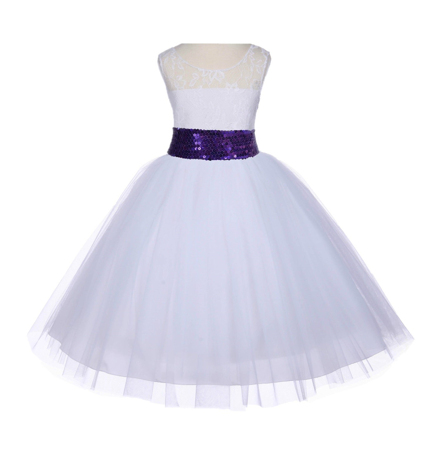 White Floral Lace Bodice Tulle Purple Sequin Flower Girl Dress 153mh