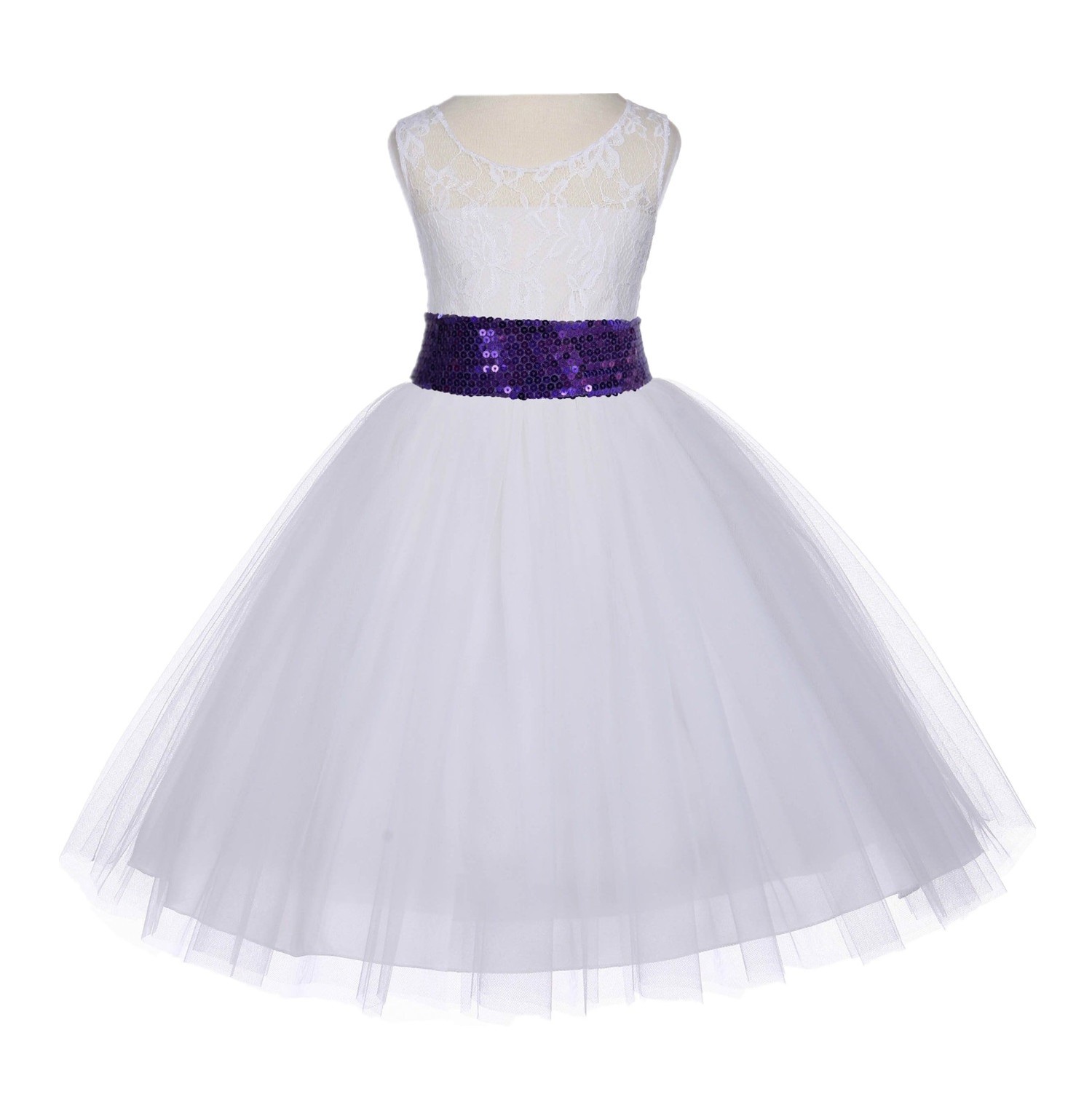 Ivory Floral Lace Bodice Tulle Purple Sequin Flower Girl Dress 153mh