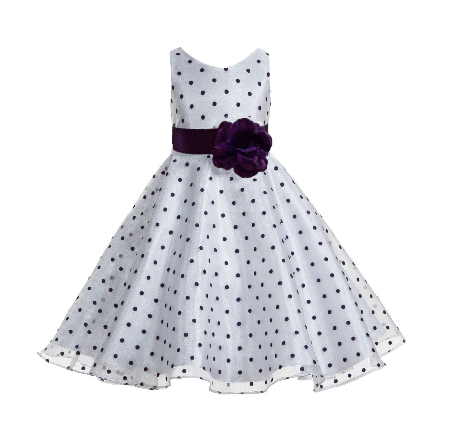 White / Purple / Purple Organza Polka Dot V-Neck Flower Girl Dress 184T