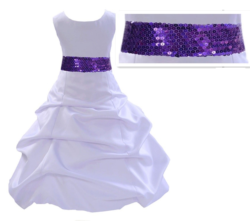 White Satin Pick-Up Bubble Flower Girl Dress Purple Sequins 806mh