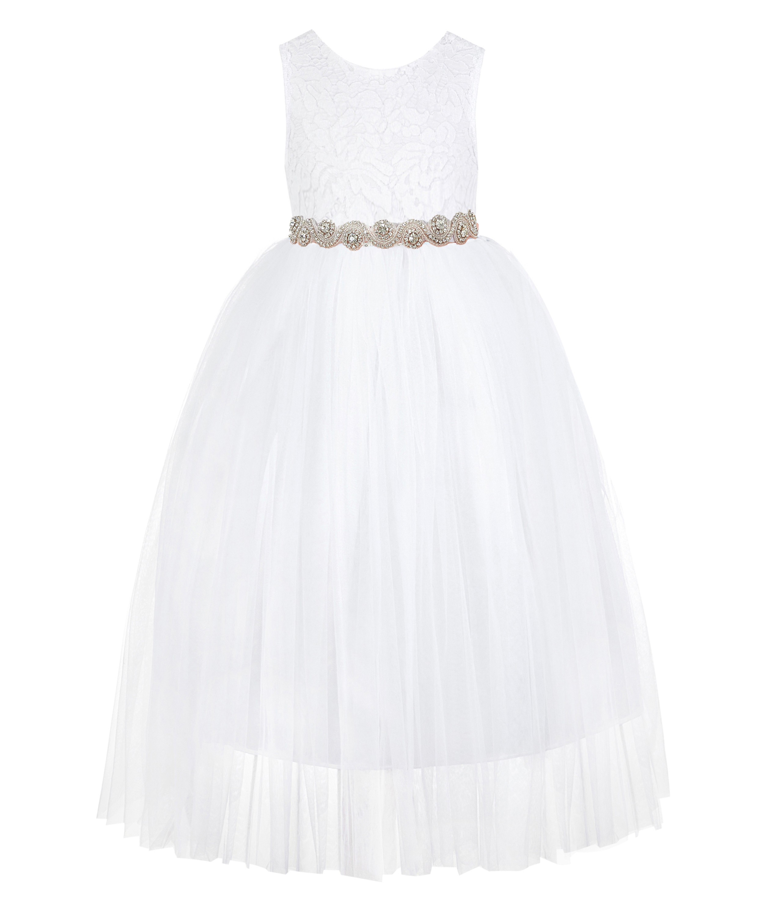 White / Rose Gold Scalloped V-Back Lace A-Line Flower Girl Dress 207R2
