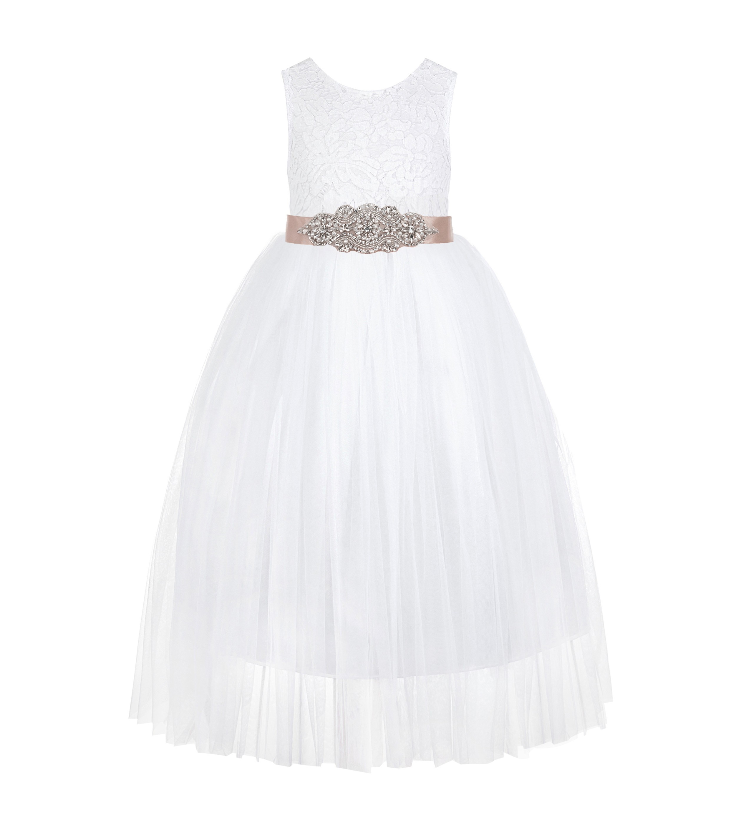 White / Blush Pink Scalloped V-Back Lace White Flower Girl Dress 207R3