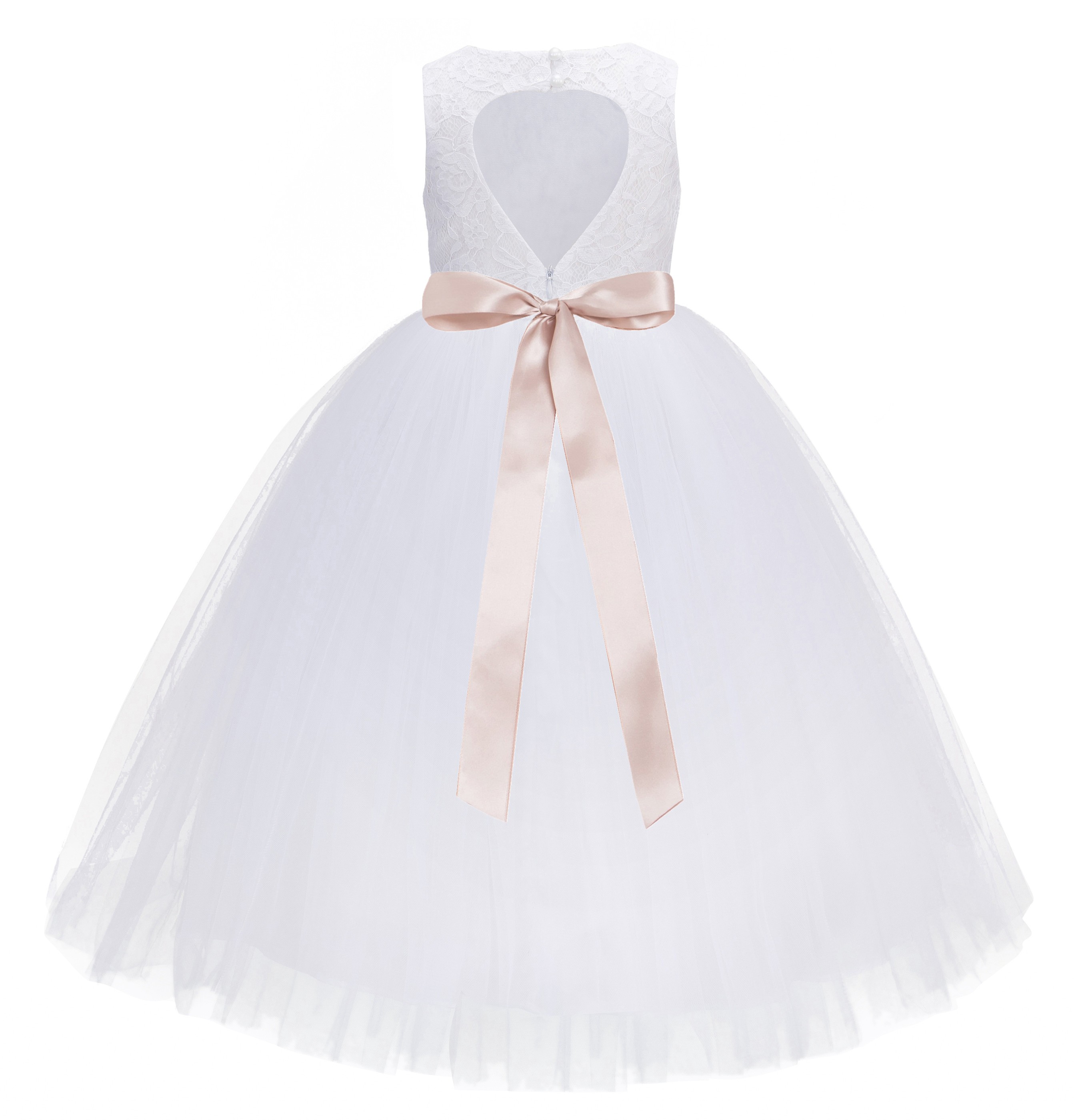 R3 White / Blush Pink Floral Lace Heart Cutout Flower Girl Dress 172R3
