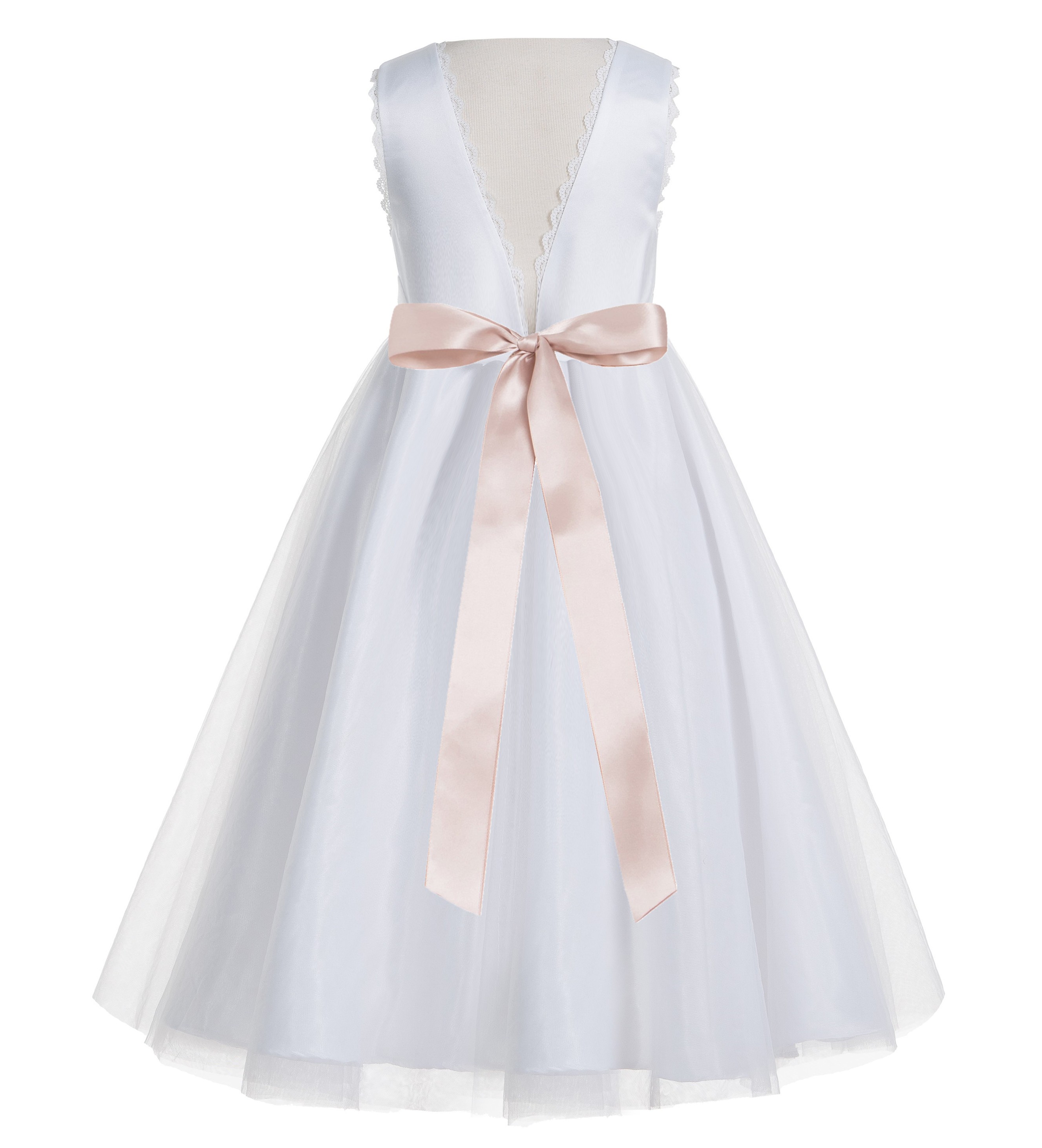 White / Blush Pink V-Back Lace Edge Flower Girl Dress 183