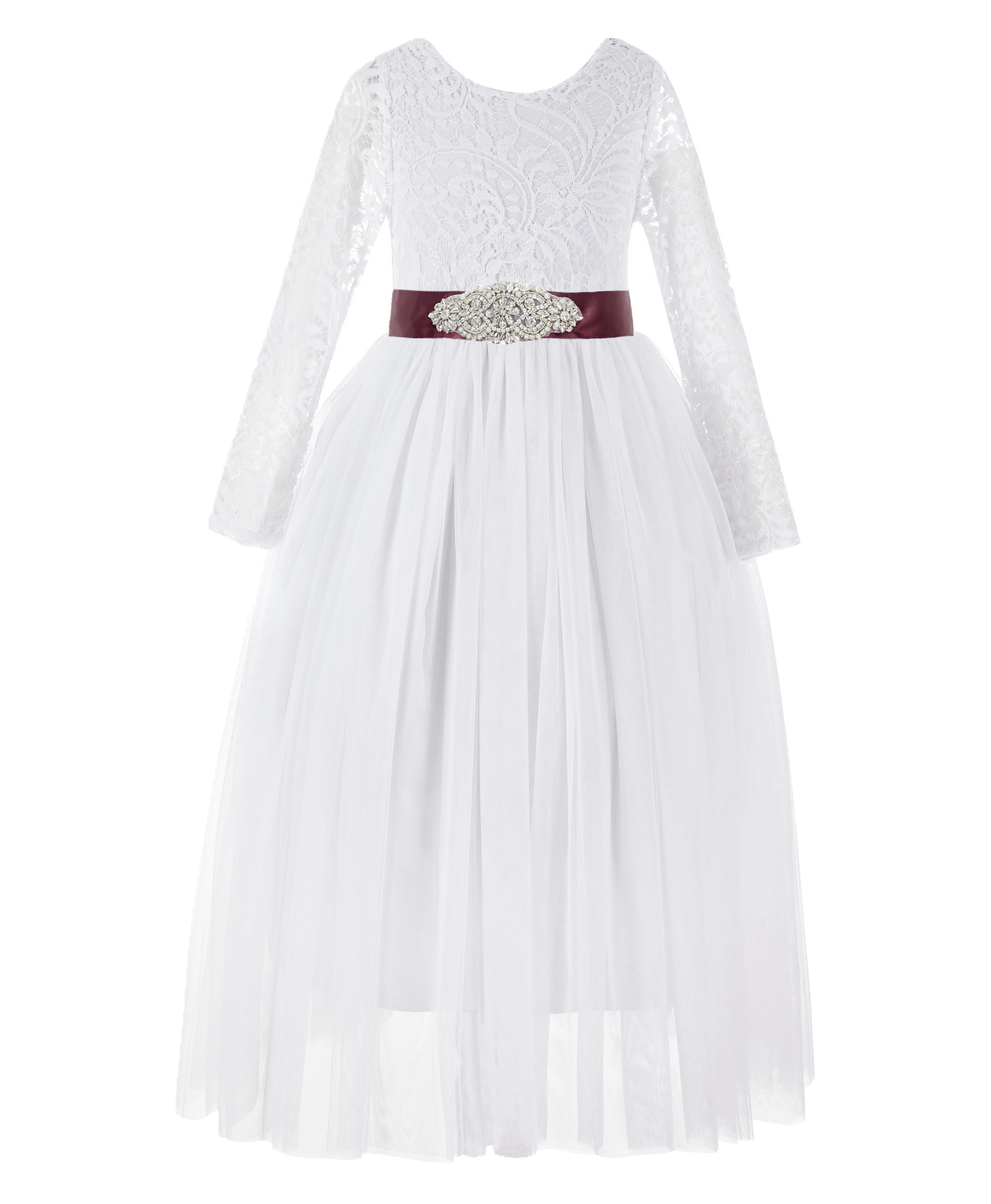 White / Burgundy A-Line V-Back Lace Flower Girl Dress with Sleeves 290R3