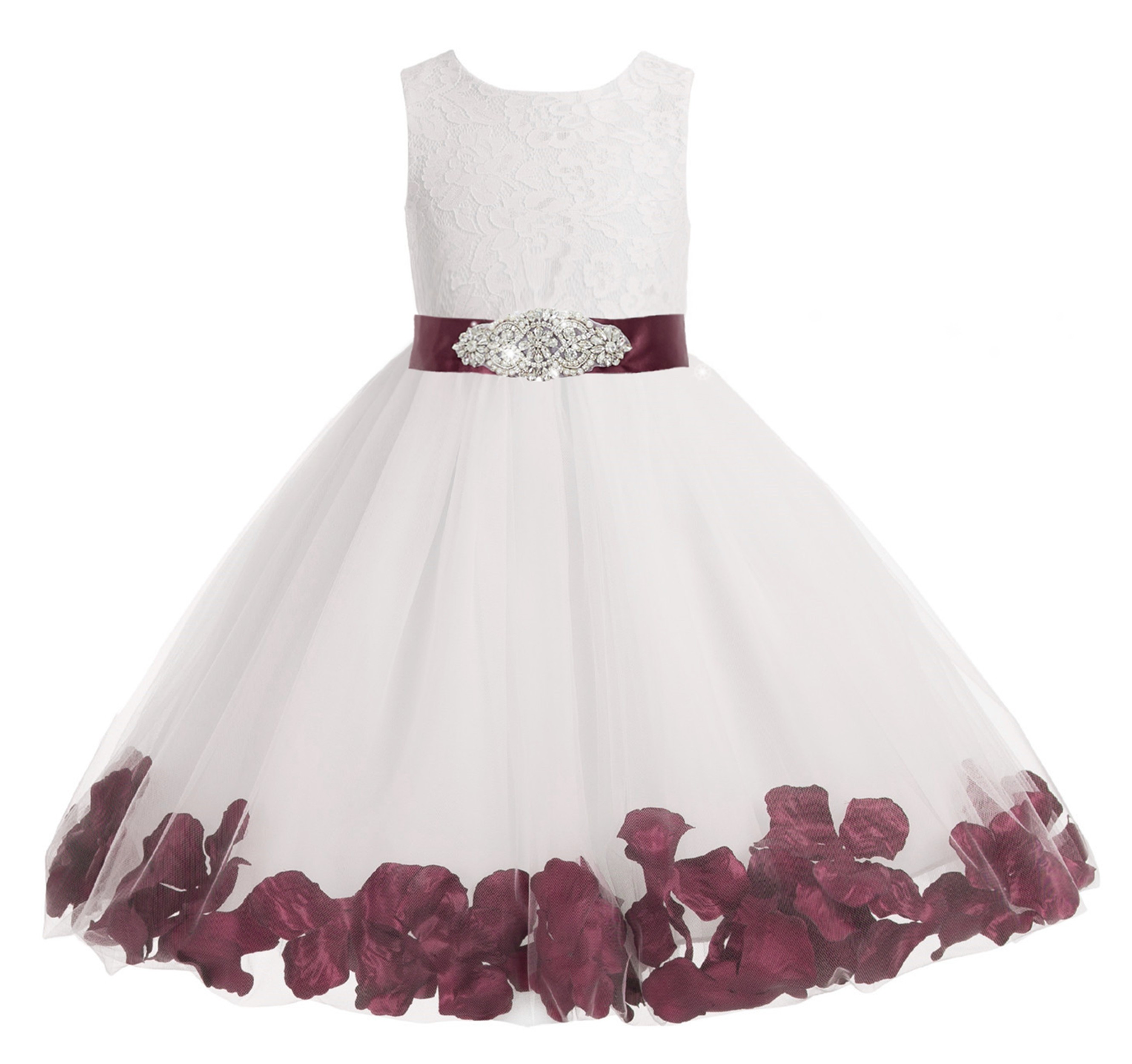 White / Burgundy Floral Lace Heart Cutout Flower Girl Dress with Petals 185