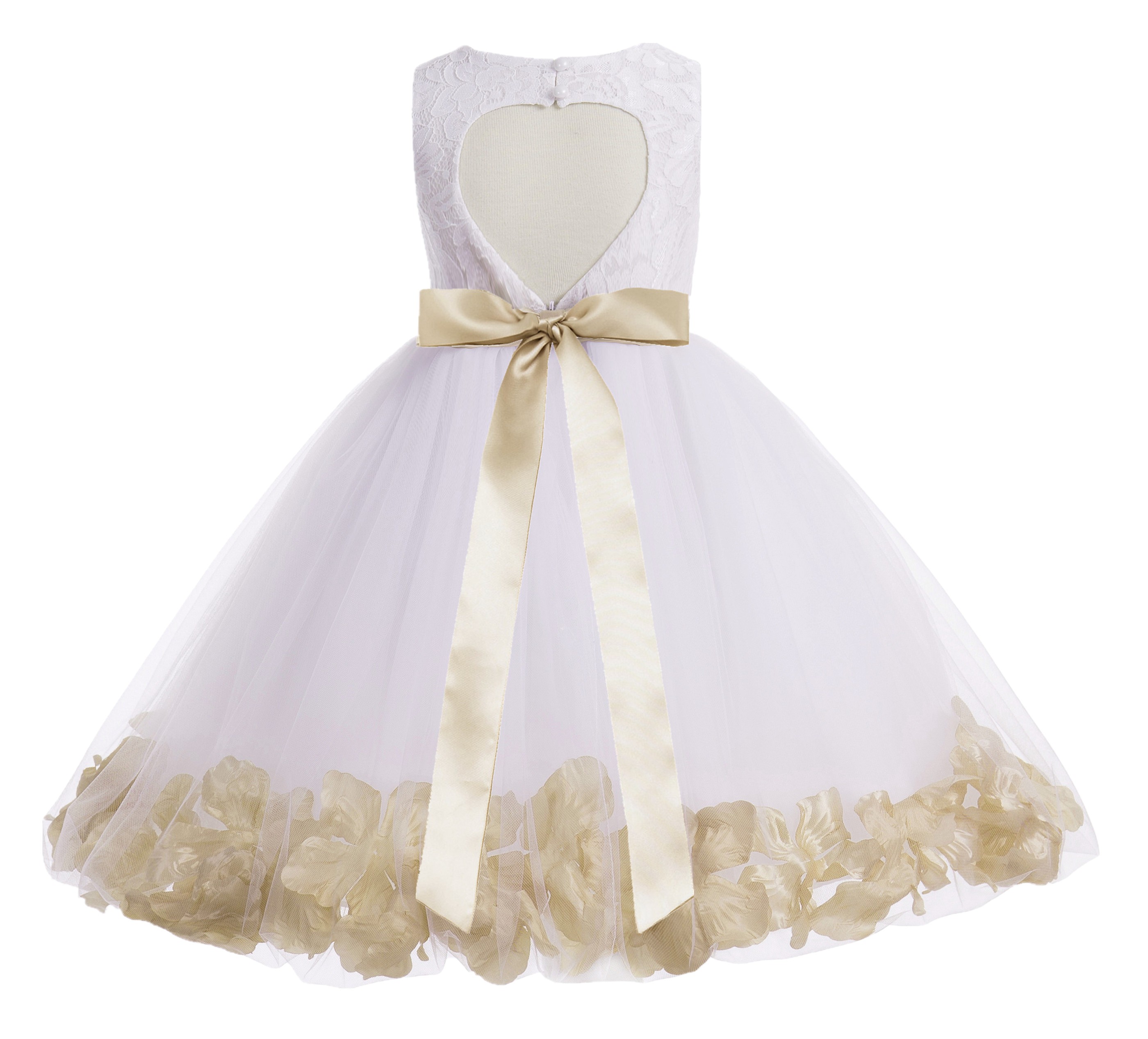 White / Champagne Floral Lace Heart Cutout Flower Girl Dress with Petals 185