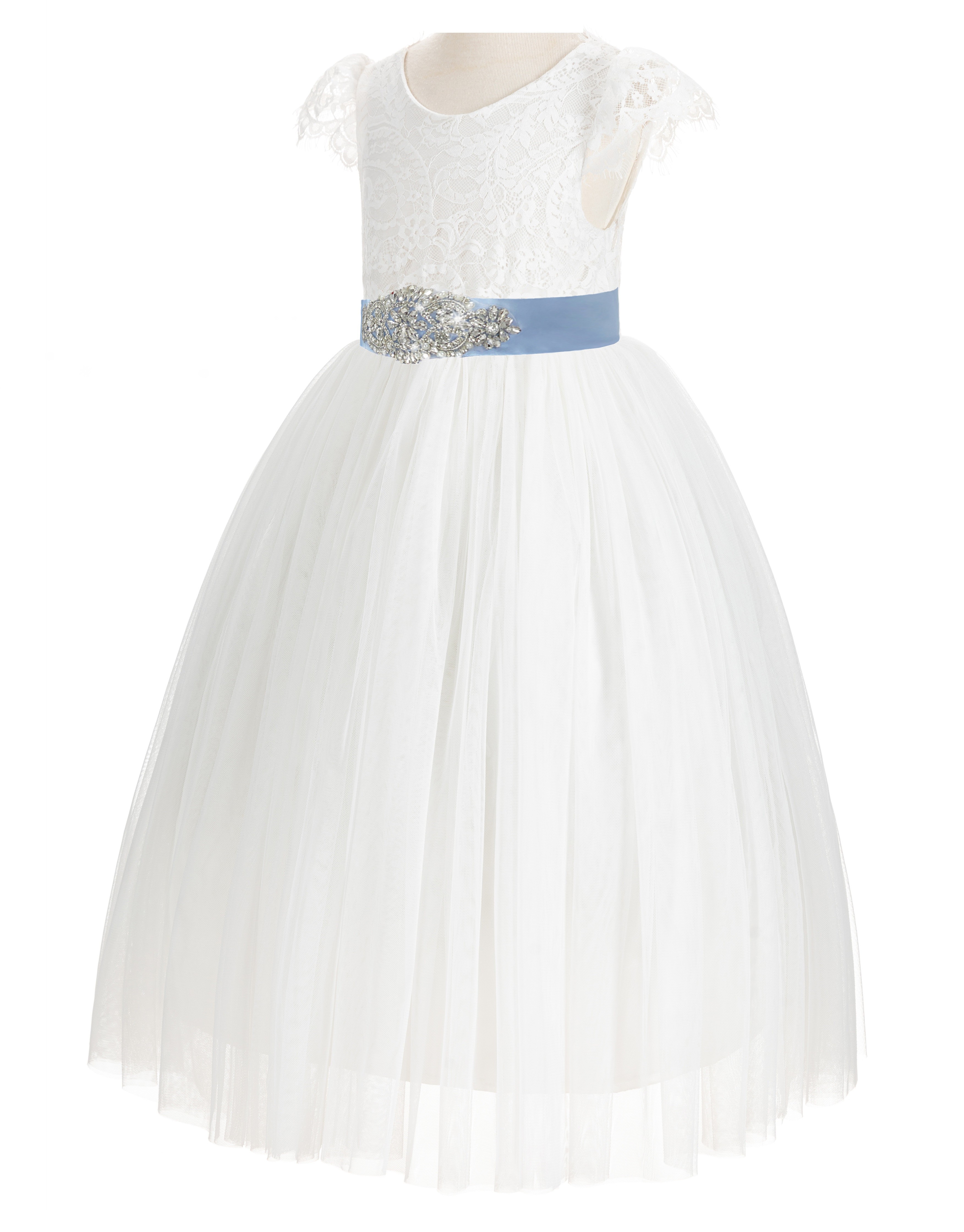 Ivory / Dusty Blue Cap Sleeves Lace Flower Girl Dress V-Back Lace Dress 622R3