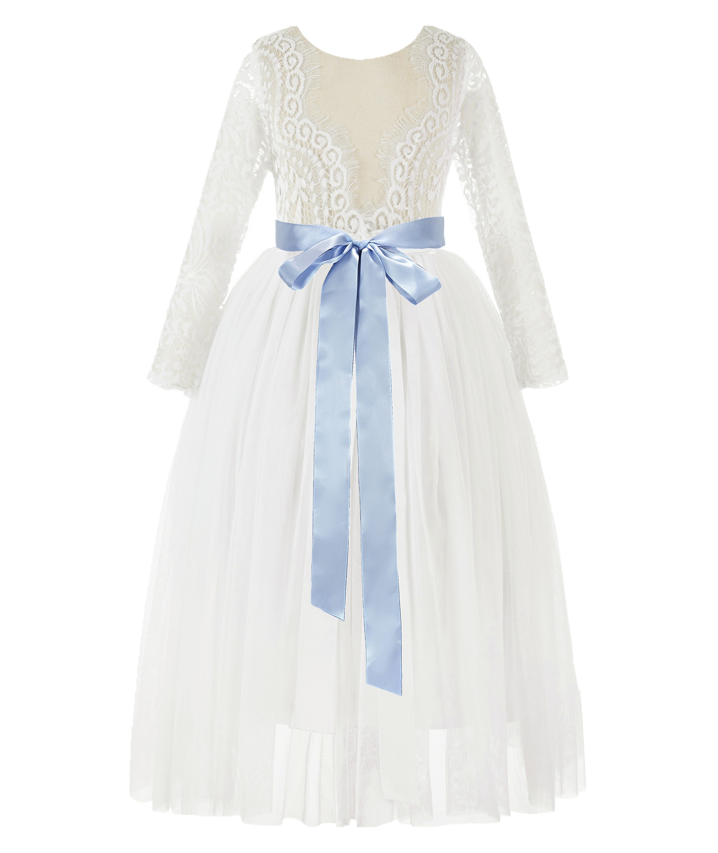 Ivory / Dusty Blue A-Line V-Back Lace Flower Girl Dress with Sleeves 290R