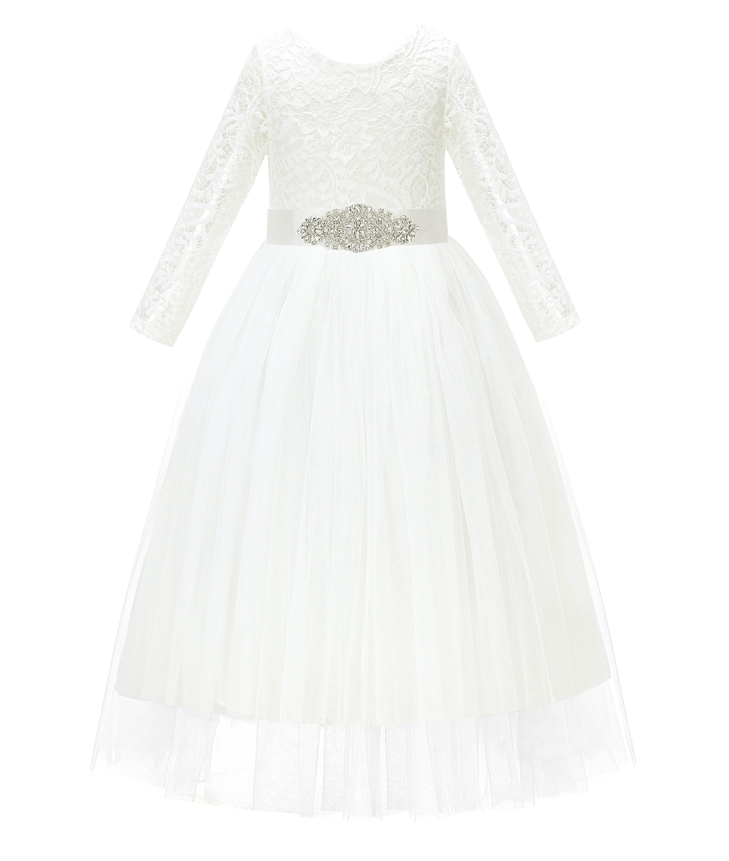 Ivory A-Line V-Back Lace Flower Girl Dress with Sleeves 290R3