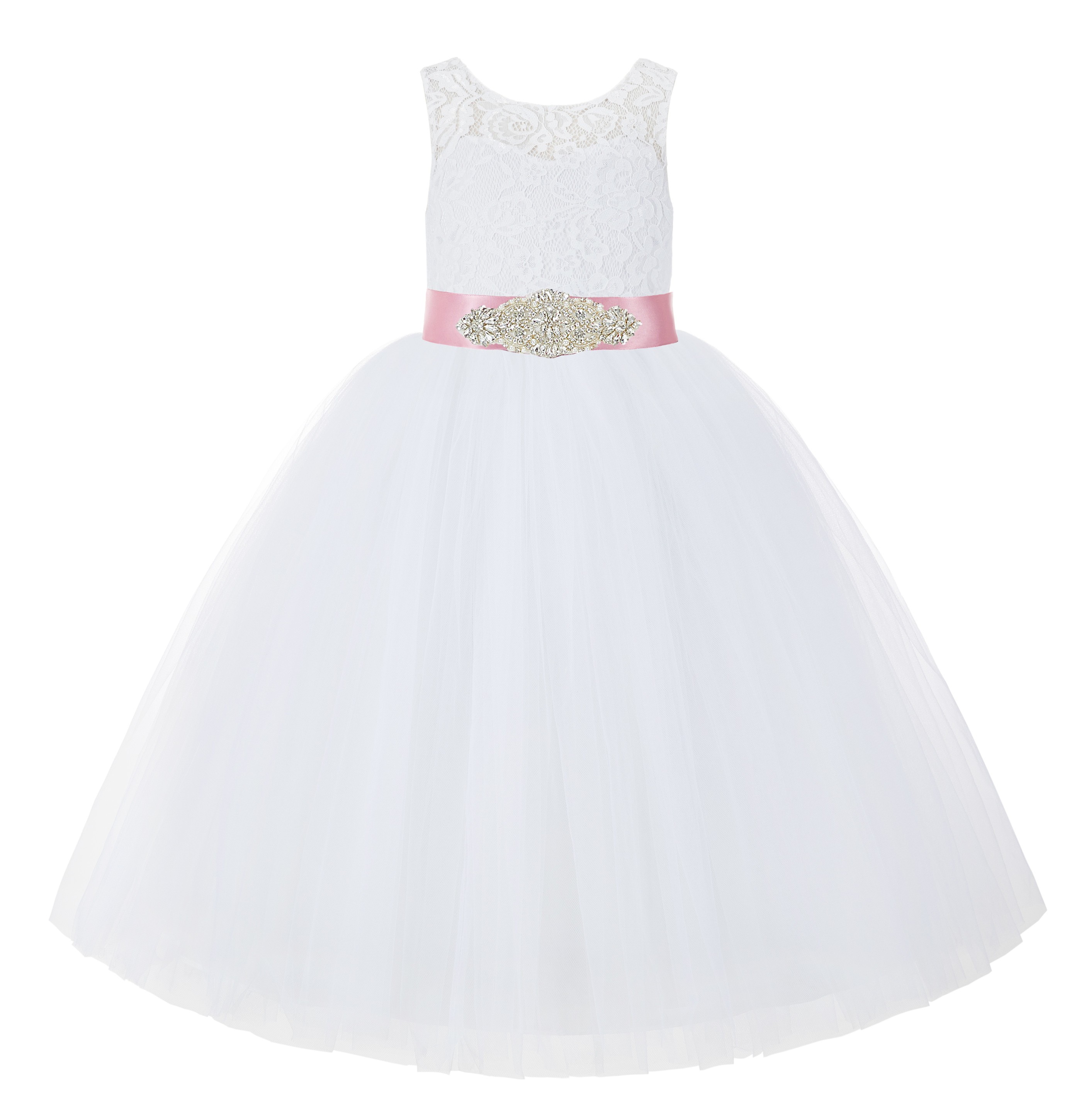 White / Mauve V-Back Lace Flower Girl Dress Lace Tutu Dress 212R3