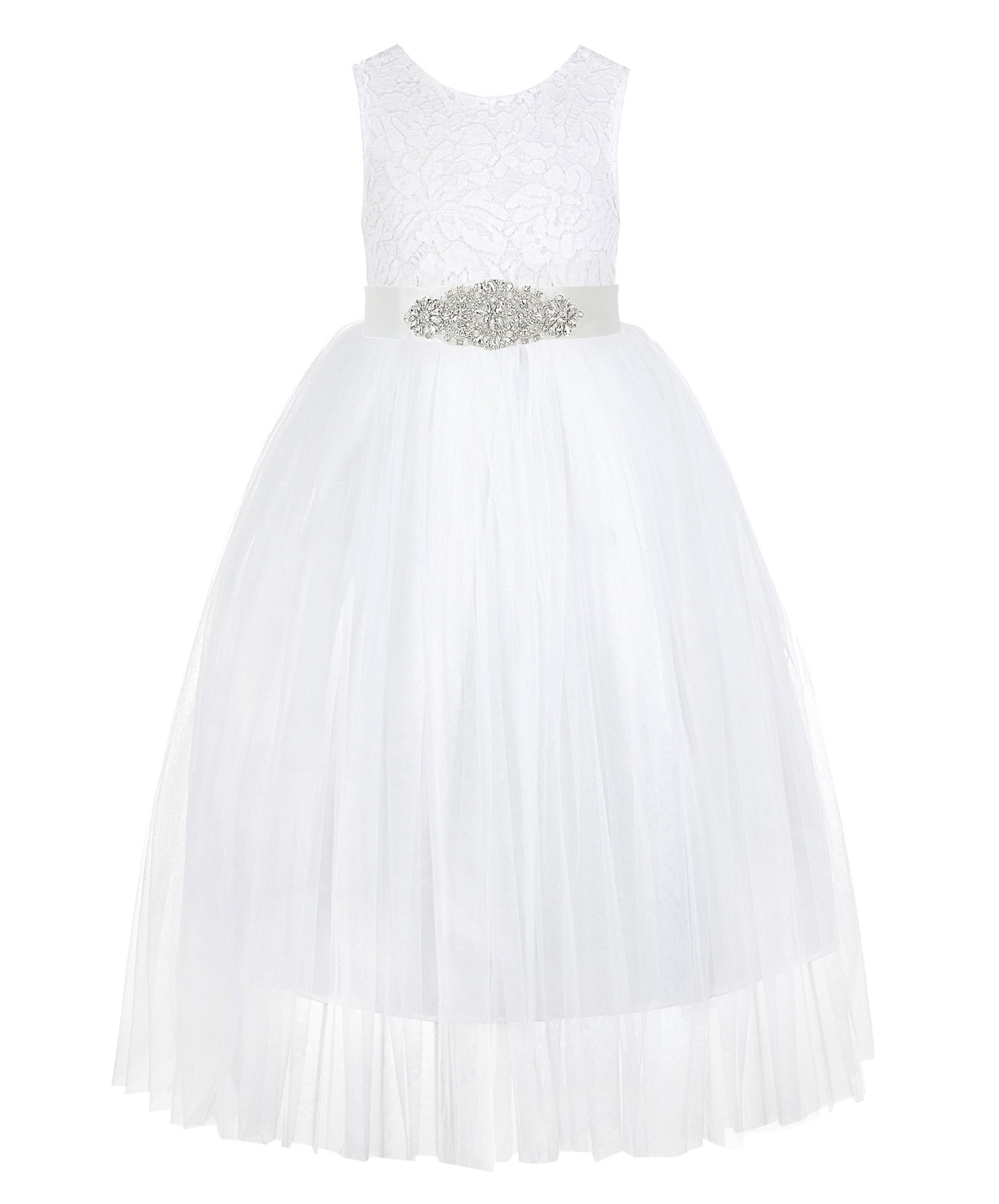 White Scalloped V-Back Lace A-Line Flower Girl Dress 207R3
