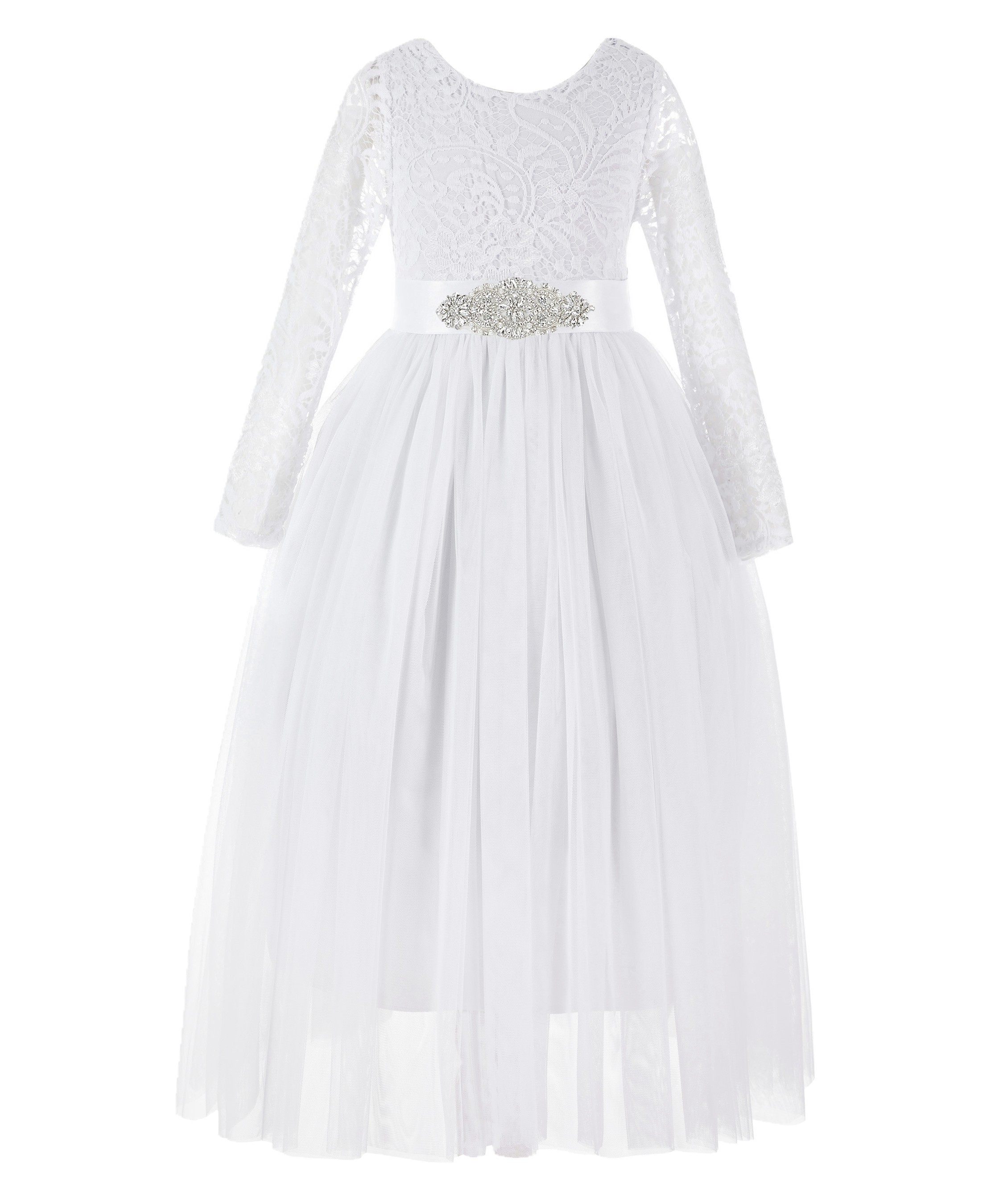 White  A-Line V-Back Lace Flower Girl Dress with Sleeves 290R
