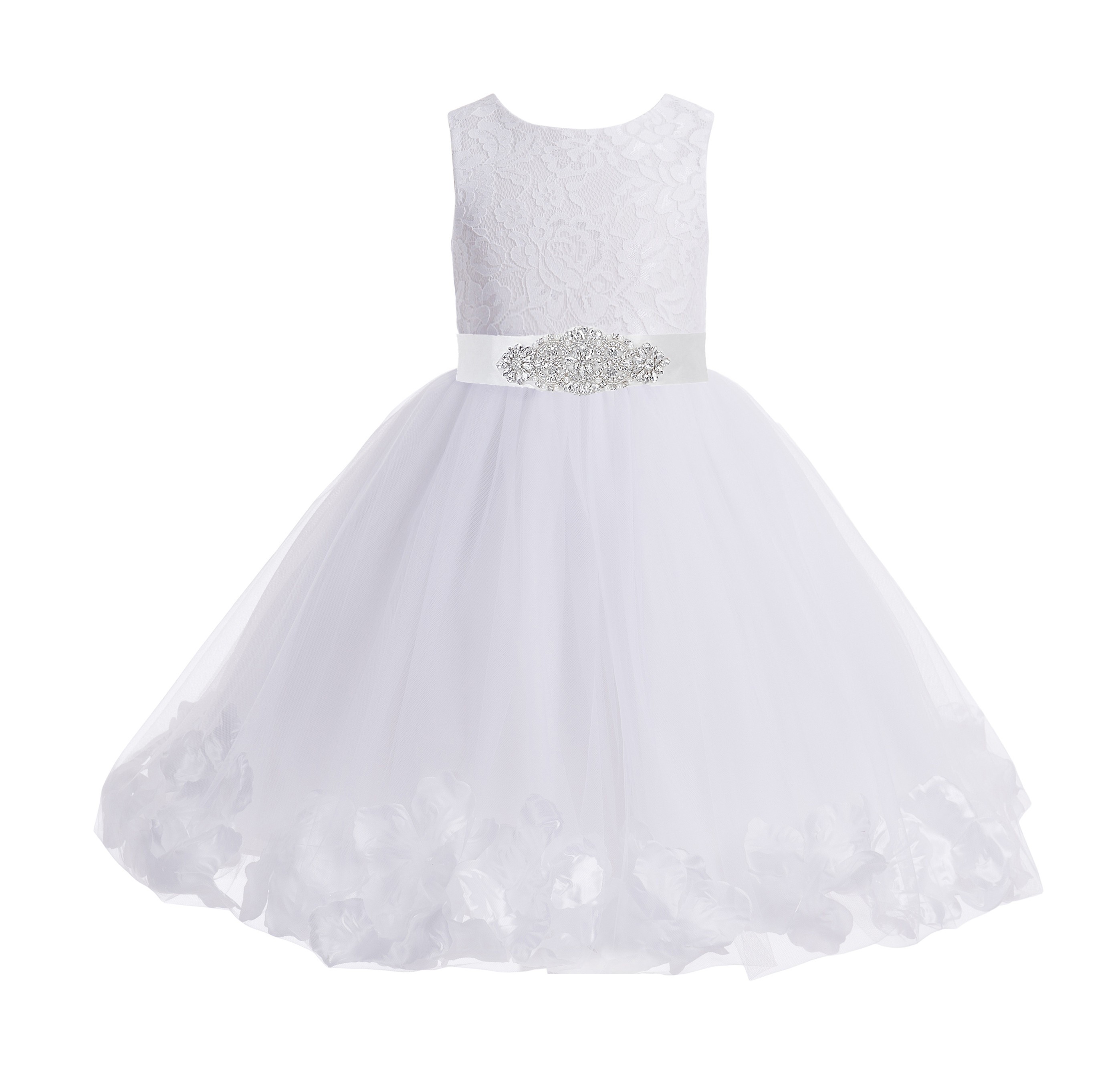 White Floral Lace Heart Cutout Flower Girl Dress with Petals 185
