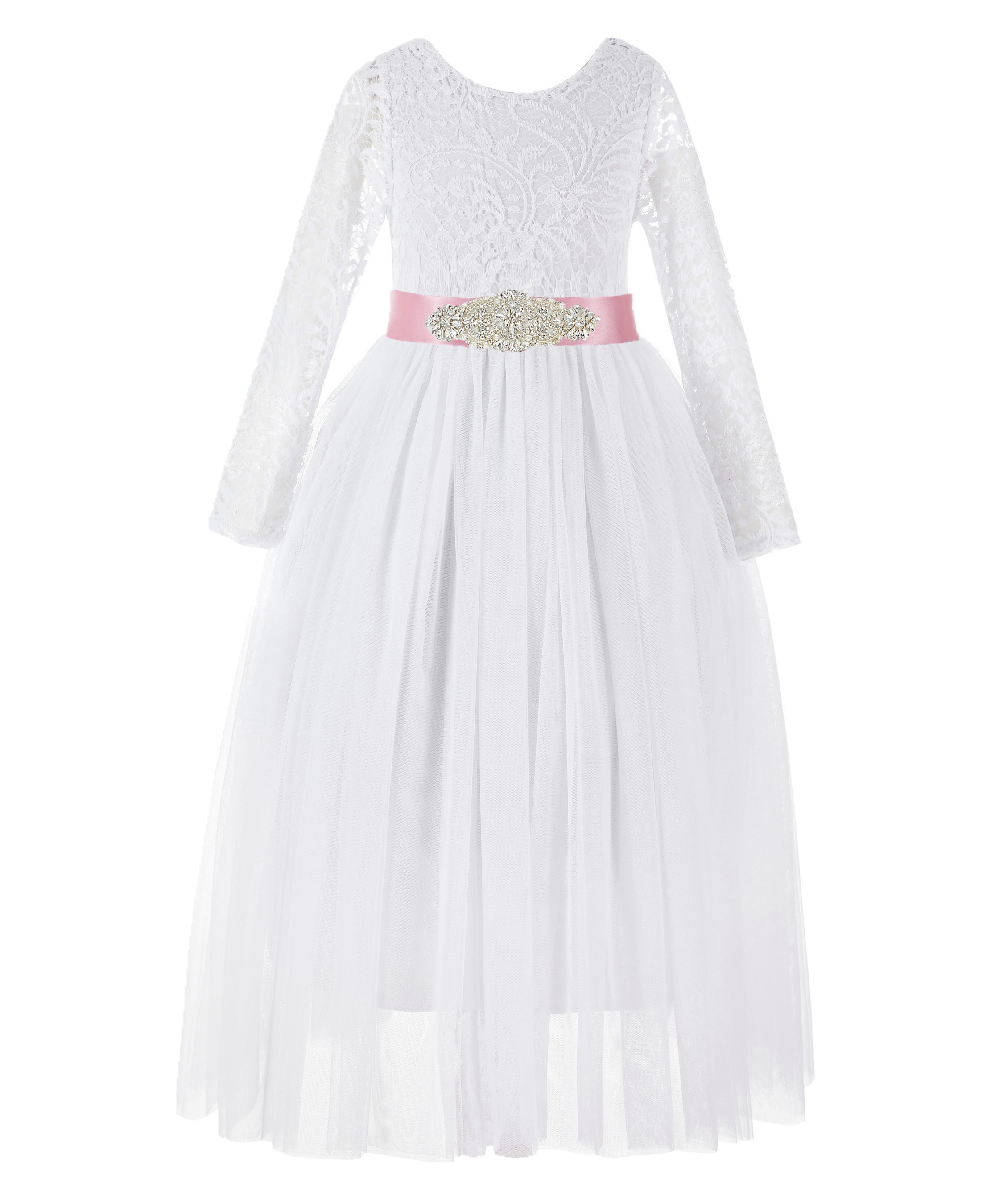 White / Mauve A-Line V-Back Lace Flower Girl Dress with Sleeves 290R