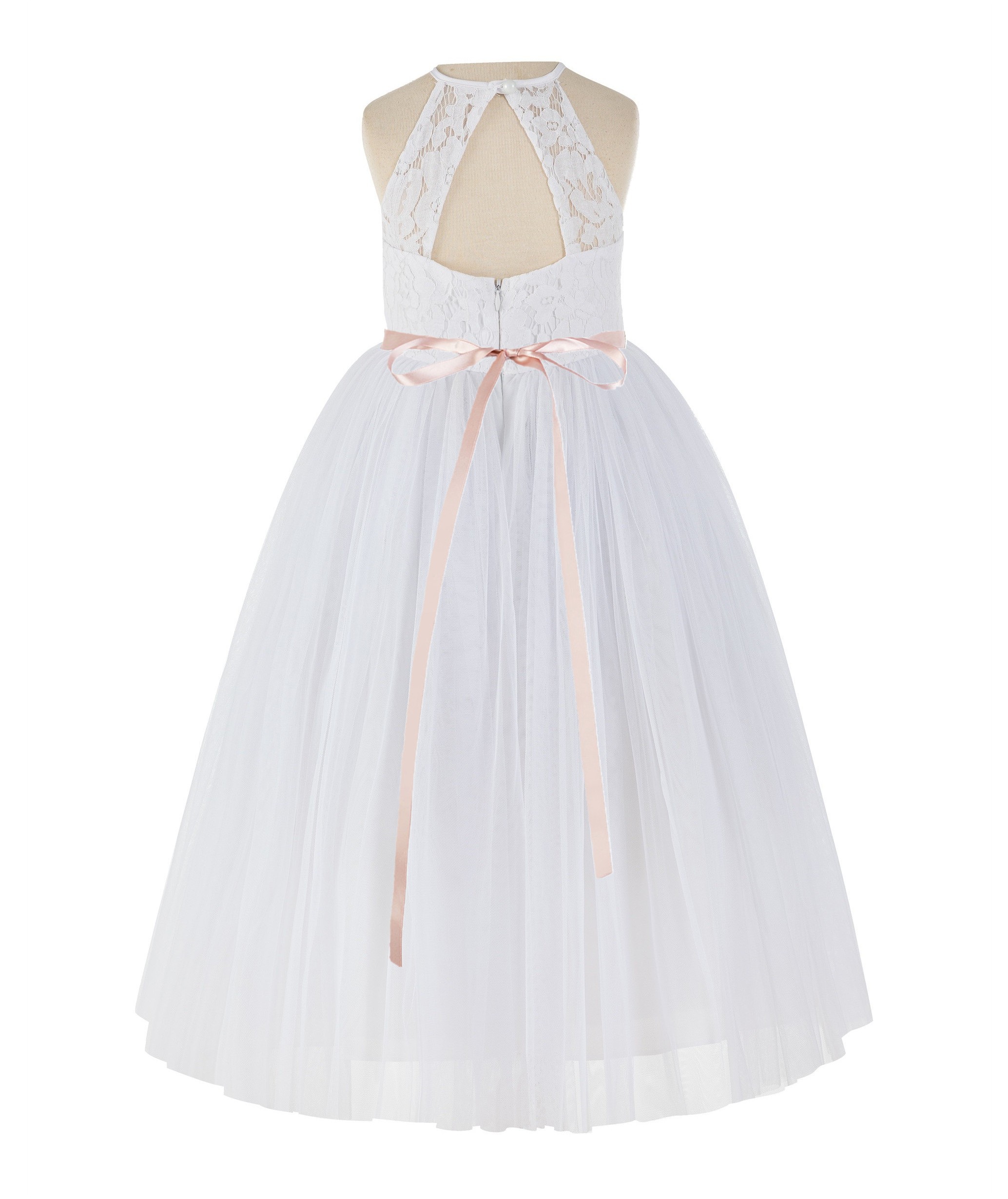 White / Blush Pink Lace Halter Flower Girl Dress Lace Back Dress 213
