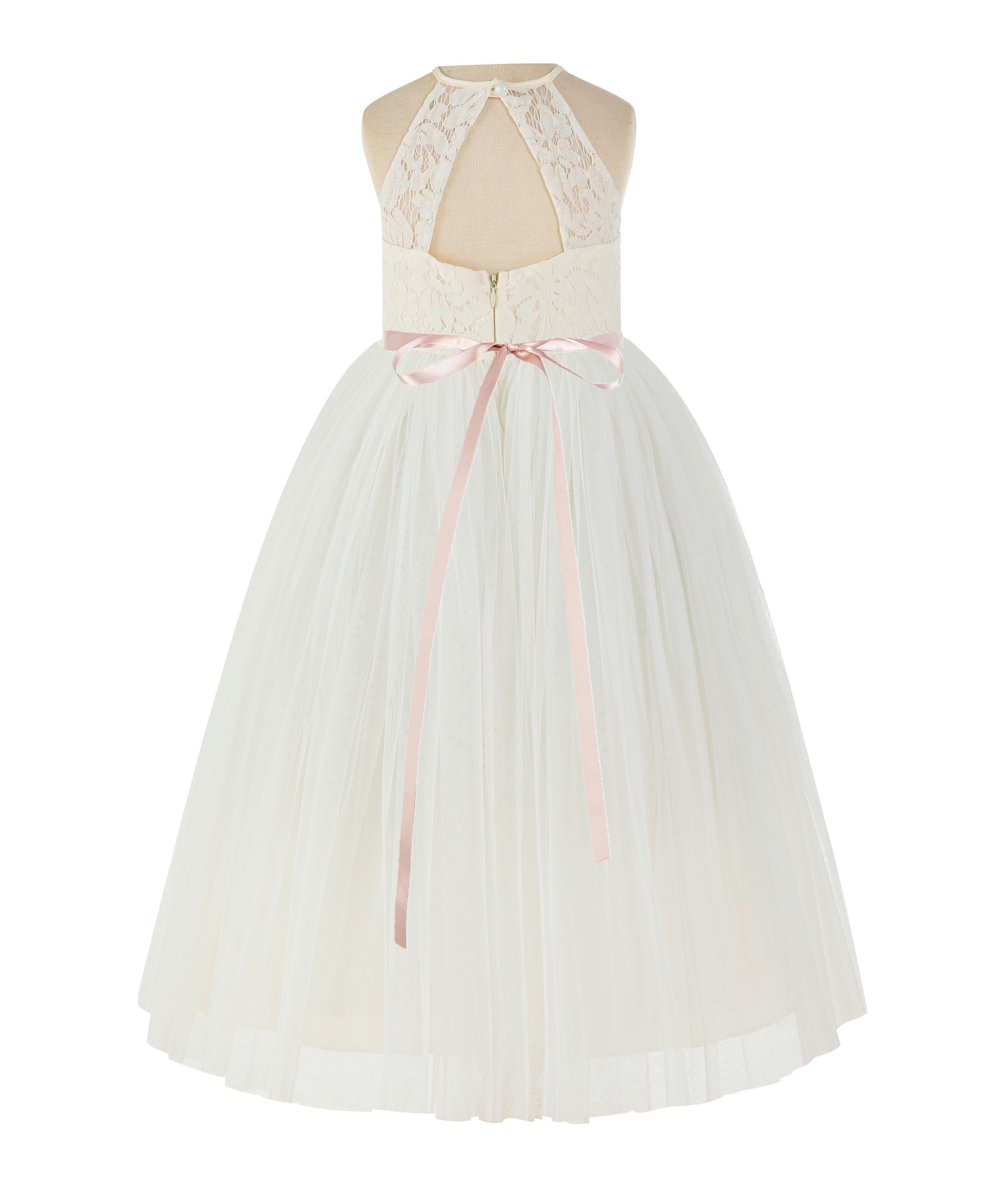 Ivory / Blush Pink Lace Halter Flower Girl Dress Lace Back Dress 213