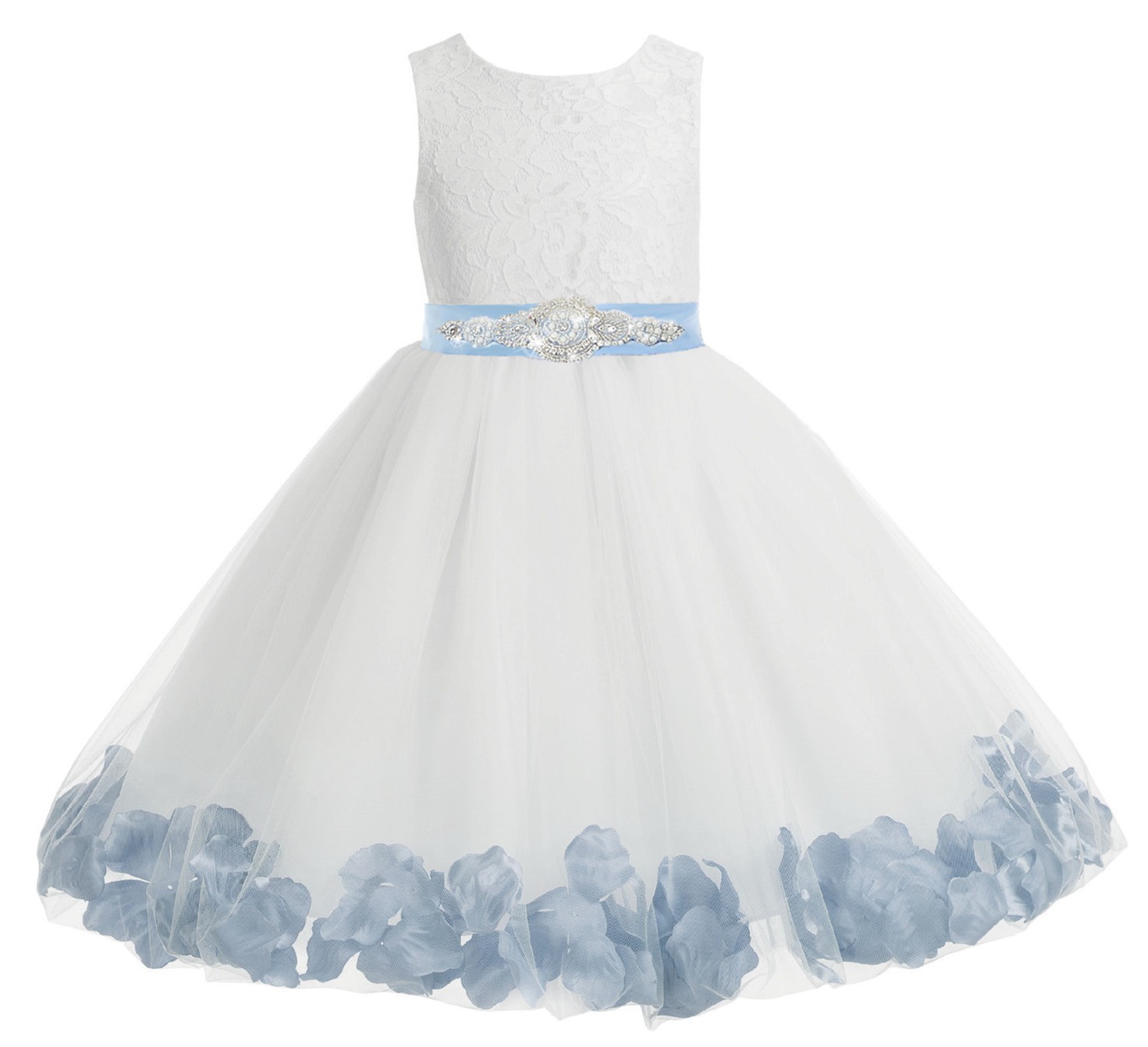 White / Dusty Blue Floral Lace Heart Cutout Flower Girl Dress with Petals 185