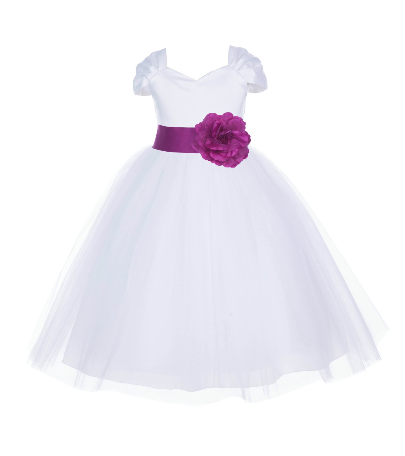 White/Raspberry V-shaped Neckline Short Sleeves Tulle Flower Girl Dress 154S